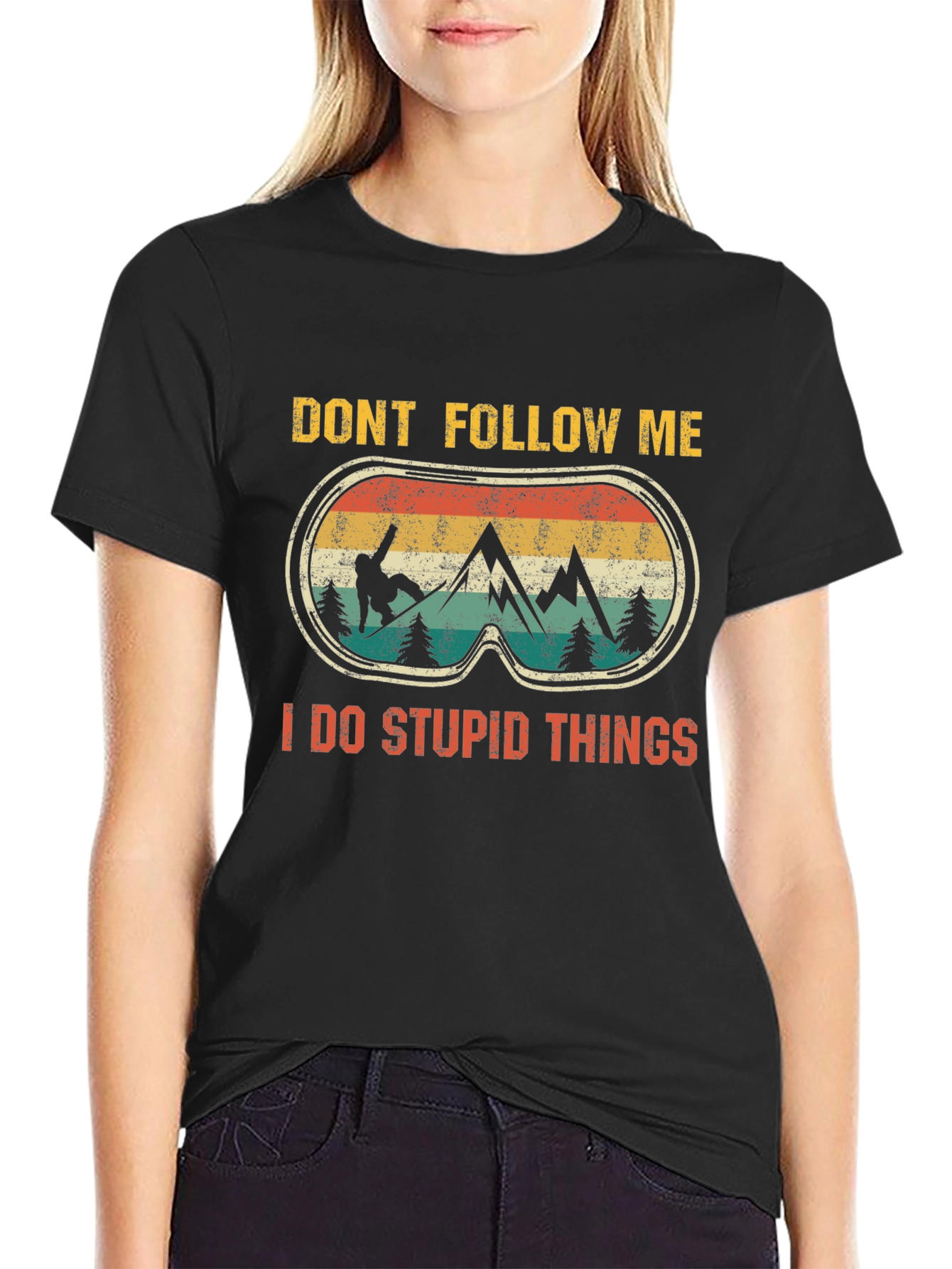 Black Don't Follow Me T-Shirt Funny Snowboarding Graphic Tee view 2