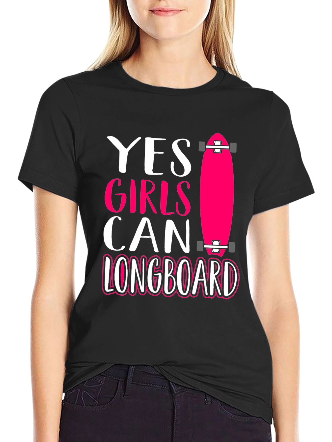 Black Yes Girls Can Longboard Graphic Tee view 2