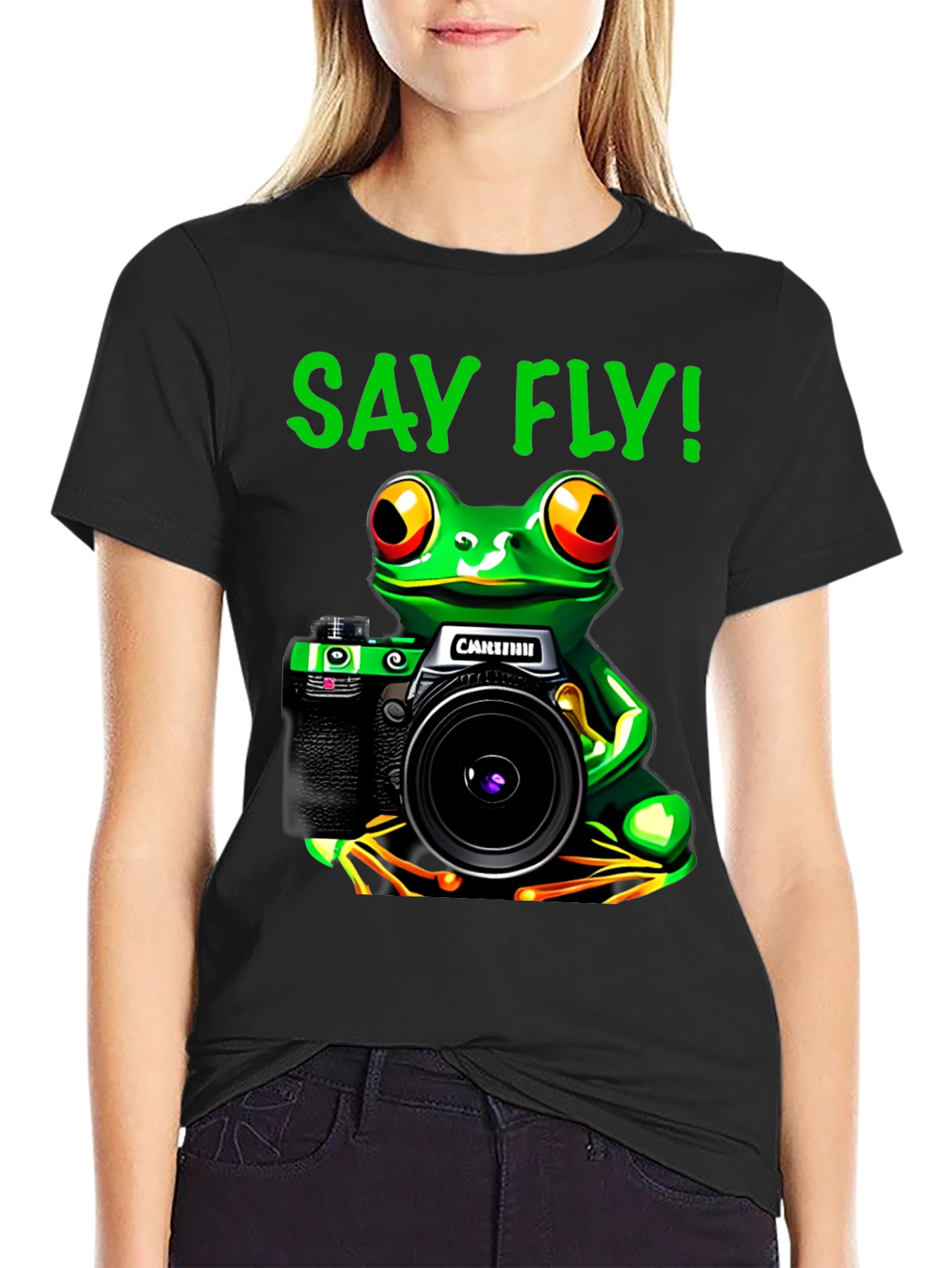 Black Frog Photographer T-Shirt - Say Fly! Black Cotton Tee view 2