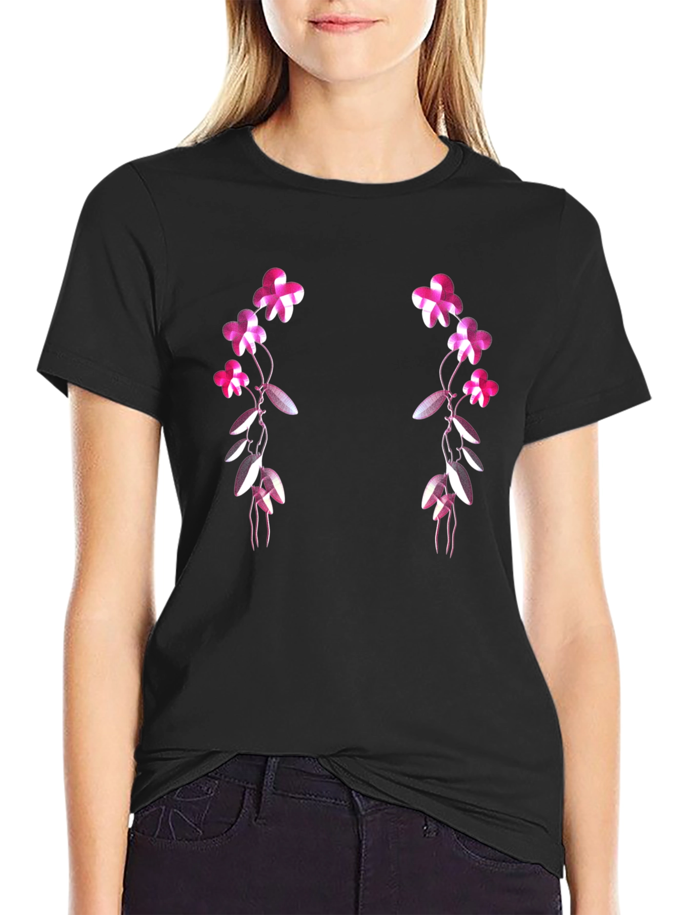 Black Floral Vines Graphic T-Shirt - Black view 2