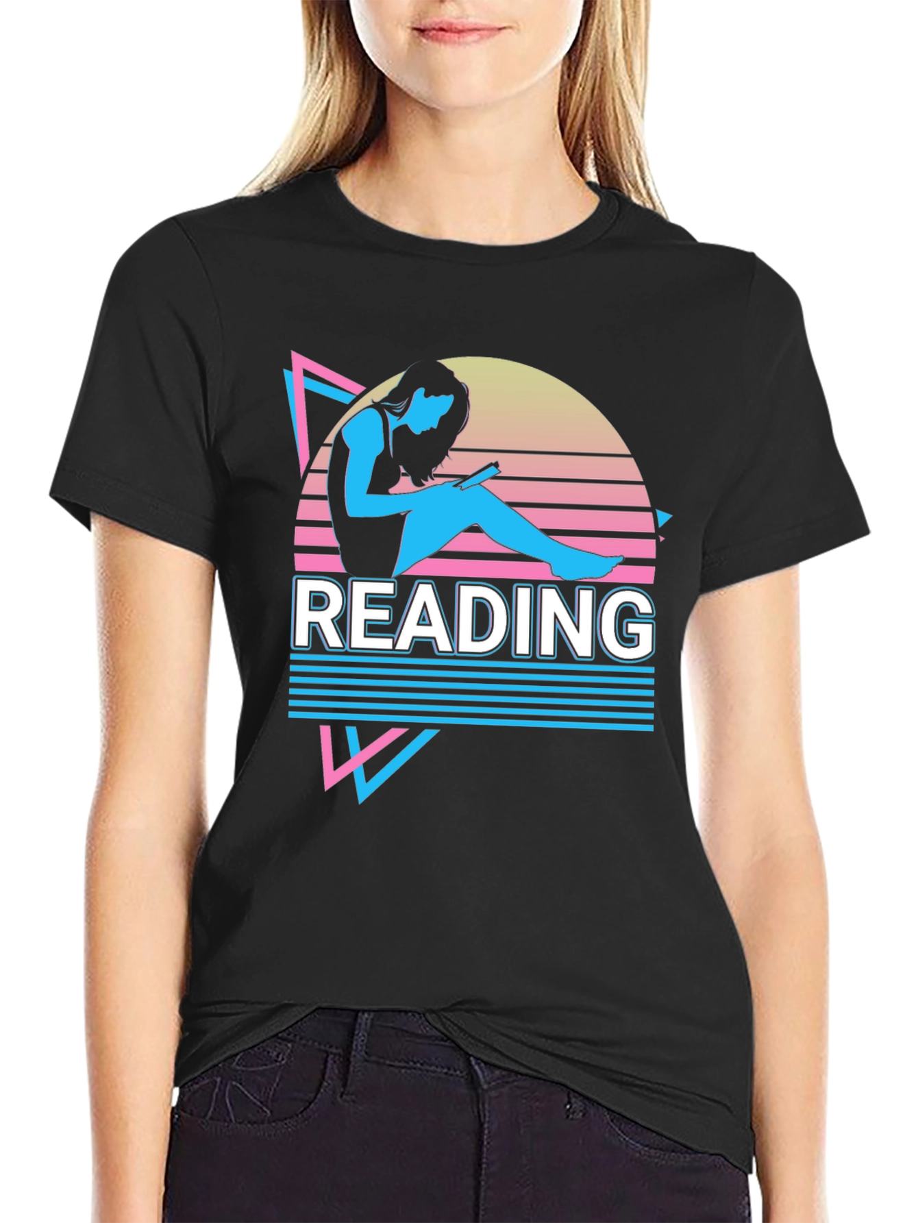 Black Retro Reading T-Shirt - 80s Style Reader Tee view 2