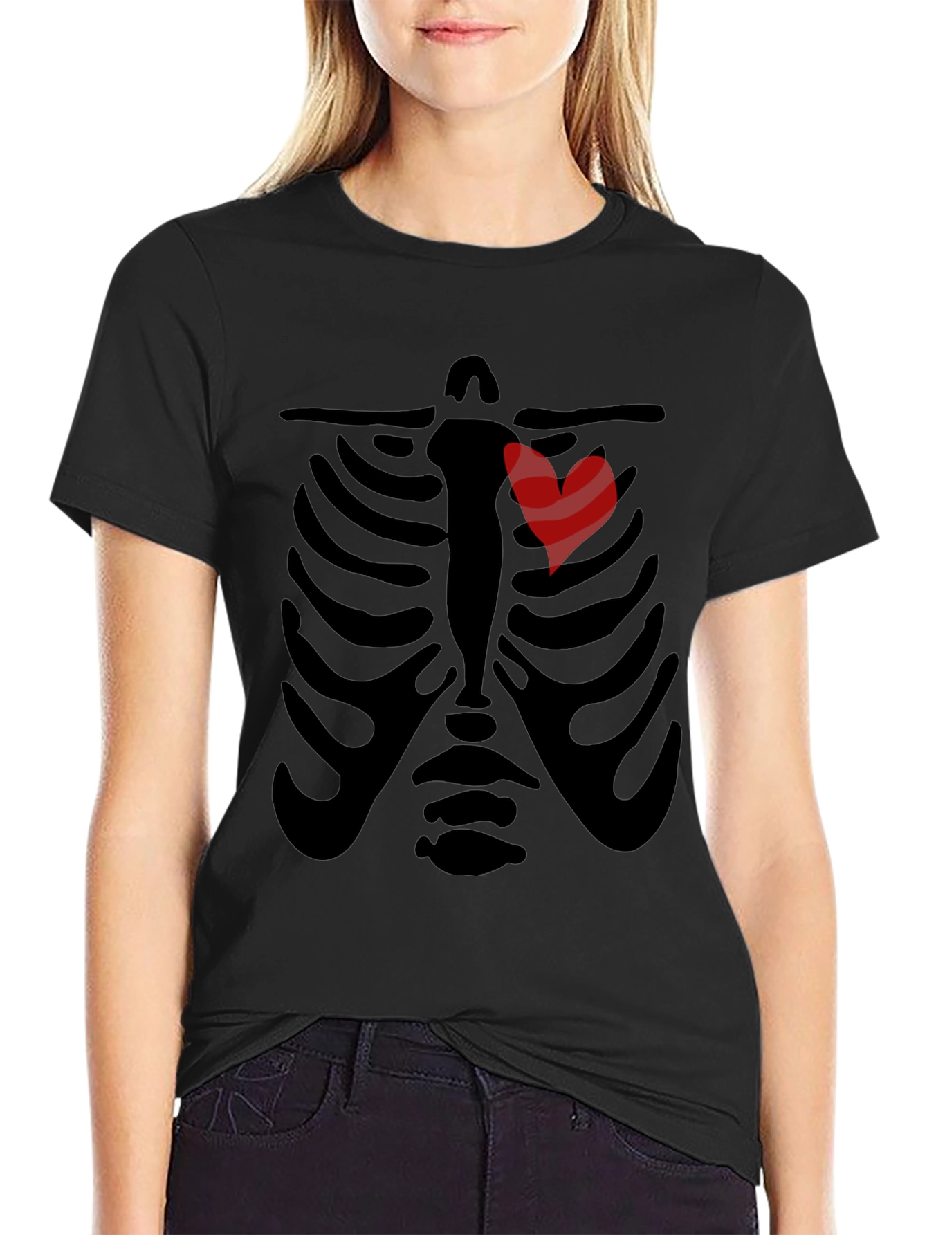 Black Rib Cage Heart Graphic Tee - Unique Skeleton Halloween Shirt view 2