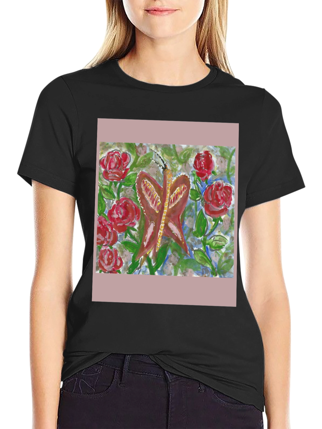 Black Butterfly and Roses Graphic Tee - Artistic Design view 2
