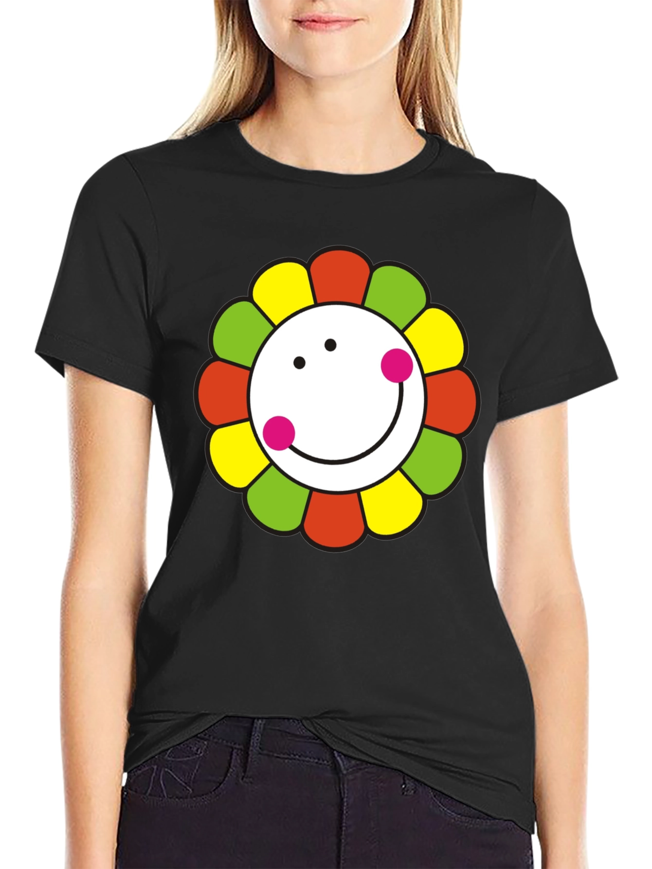 Black Smiley Flower Graphic T-Shirt - Black Cotton Tee view 2