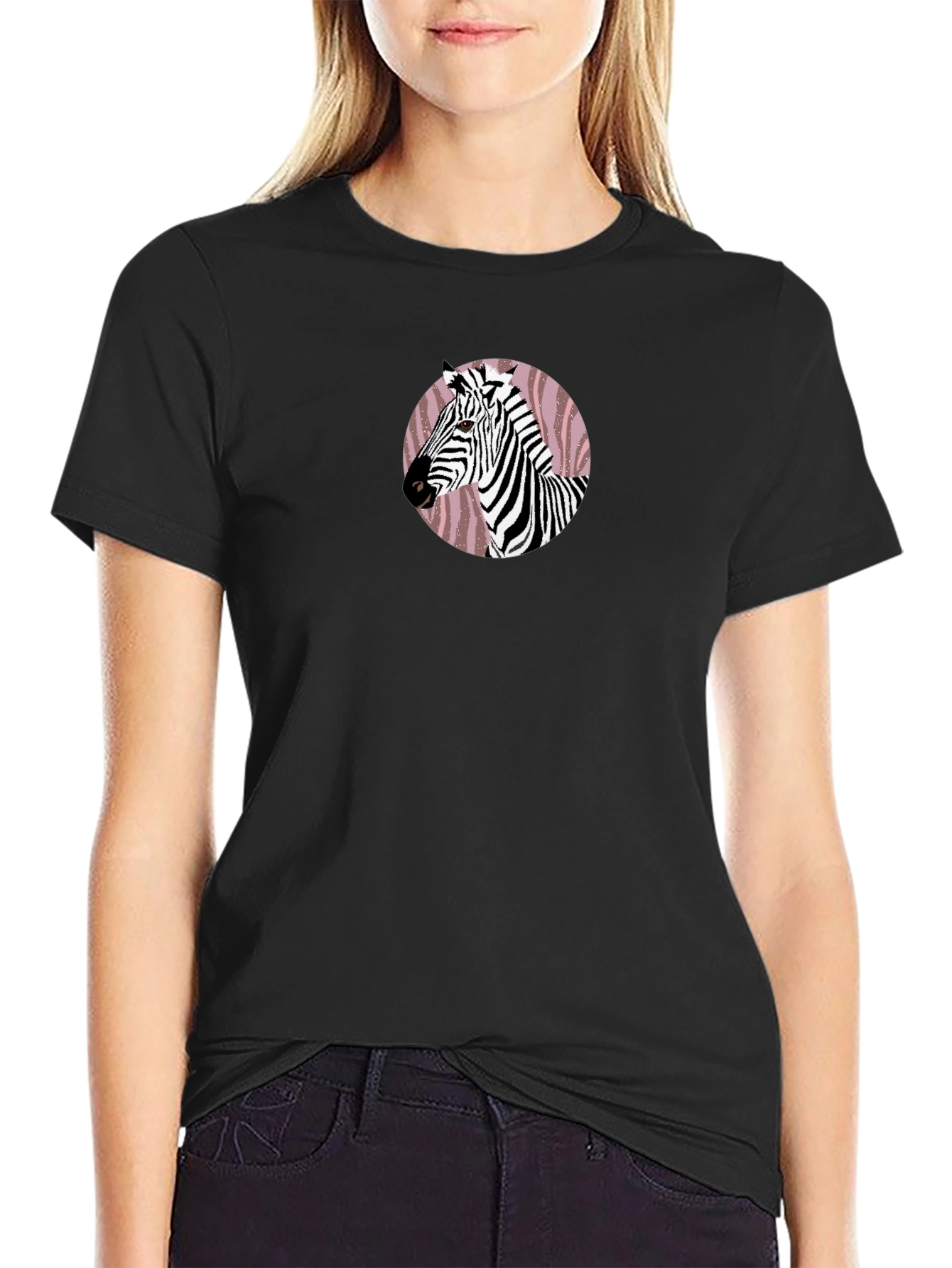 Black Zebra Graphic Print Crew Neck T-Shirt view 2