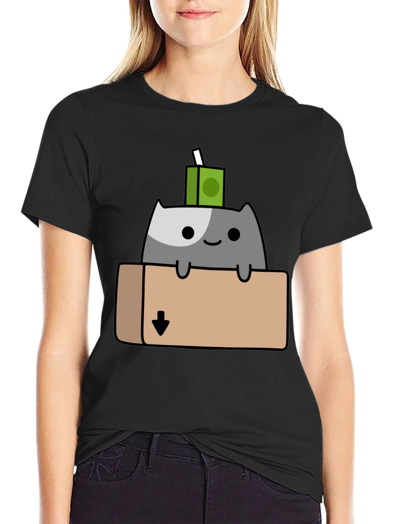Black Cat in Box T-Shirt - Quirky Cartoon Design view 2