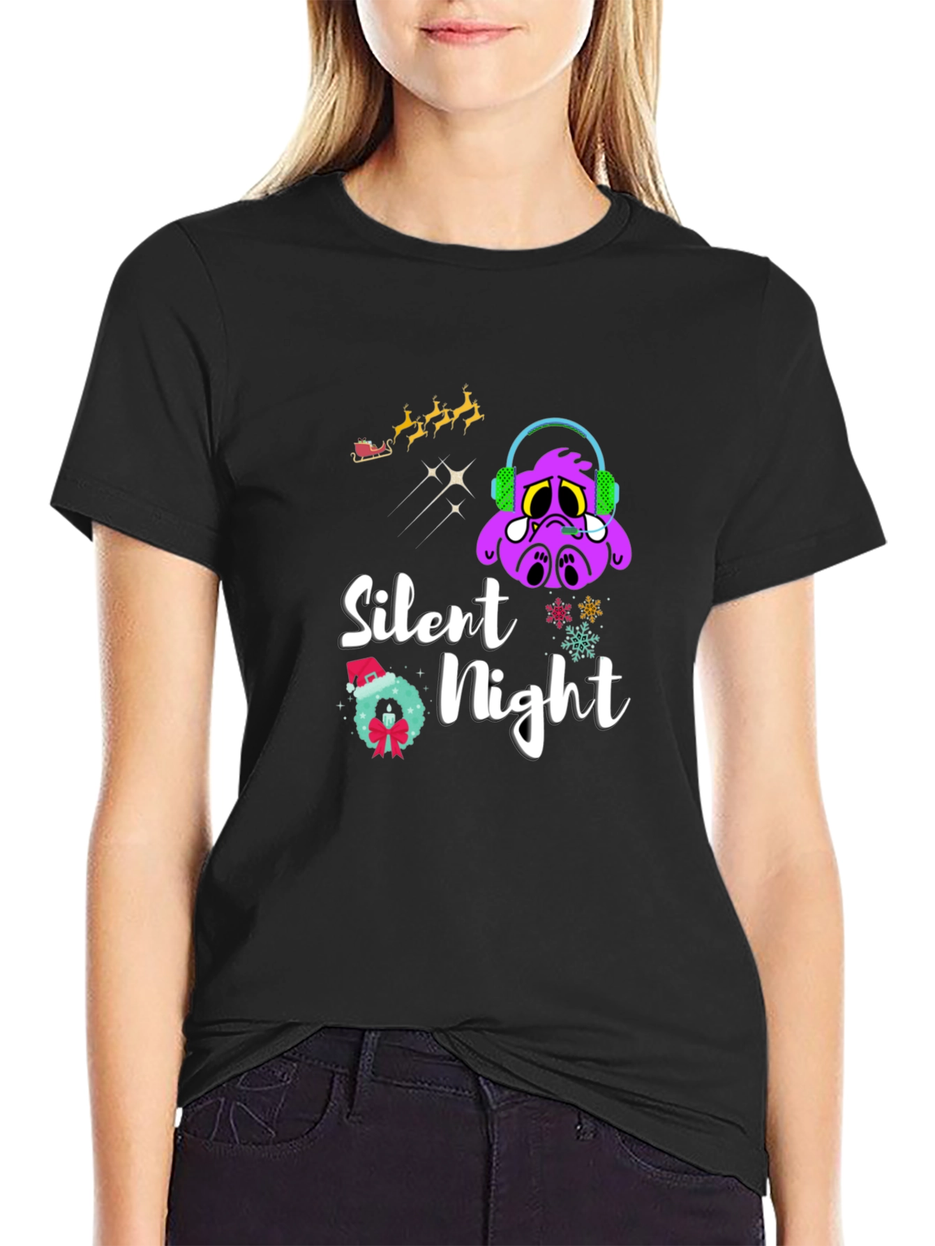 Black Silent Night Graphic T-Shirt - Christmas Holiday Tee view 2