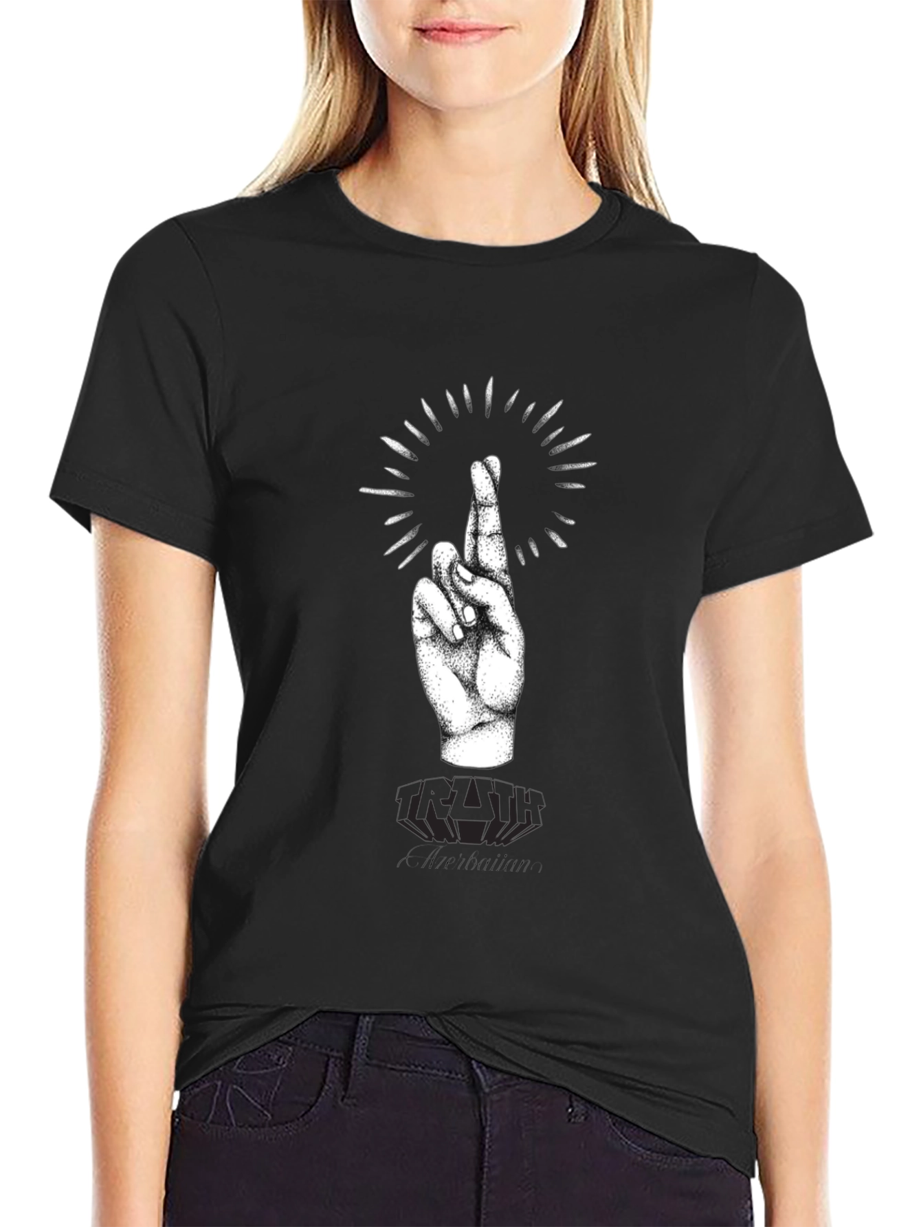 Black Black T-Shirt with Crossed Fingers Graphic view 2
