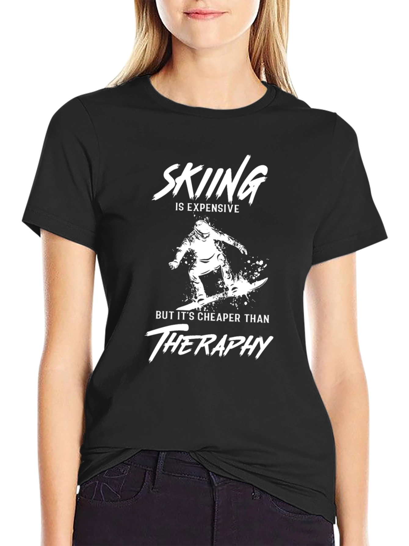 Black Skiing Cheaper Than Therapy Graphic Tee view 2