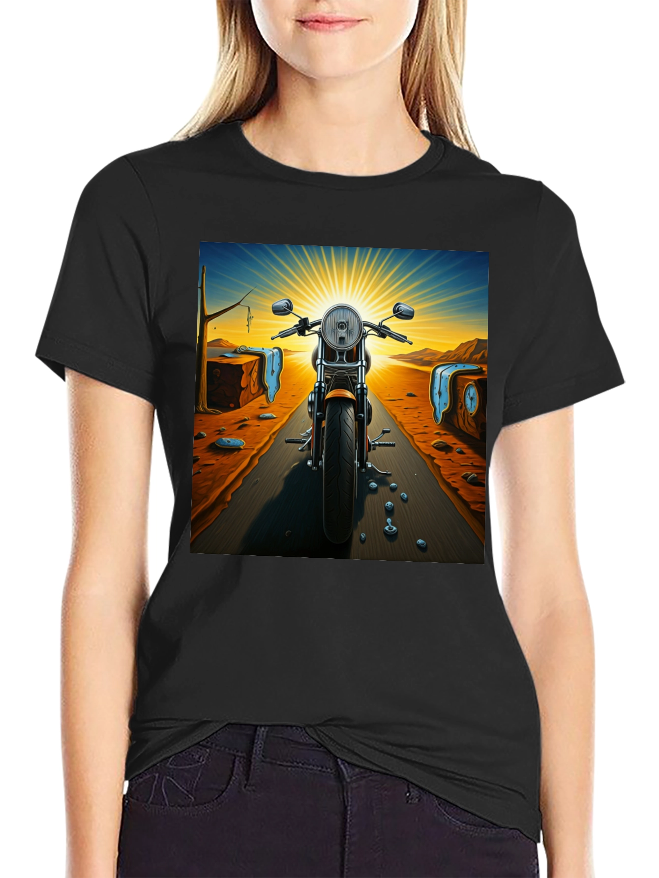 Black Surreal Motorcycle Ride T-Shirt view 2