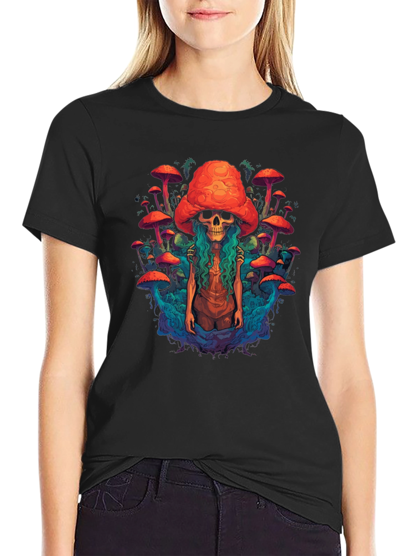 Black Mushroom Skull Graphic Tee - Unique Design view 2
