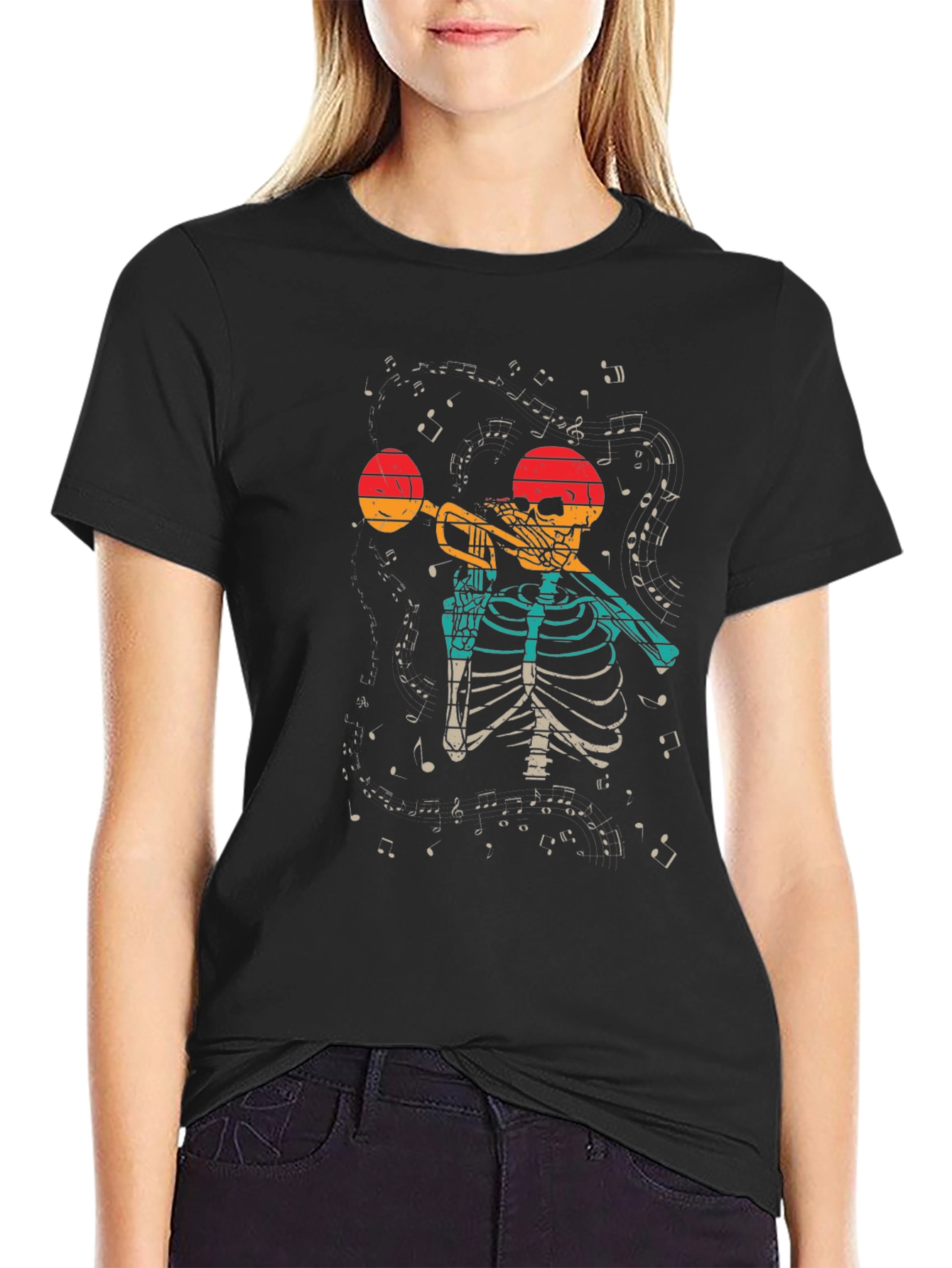 Black Skeleton Trumpet Player Graphic Tee view 2