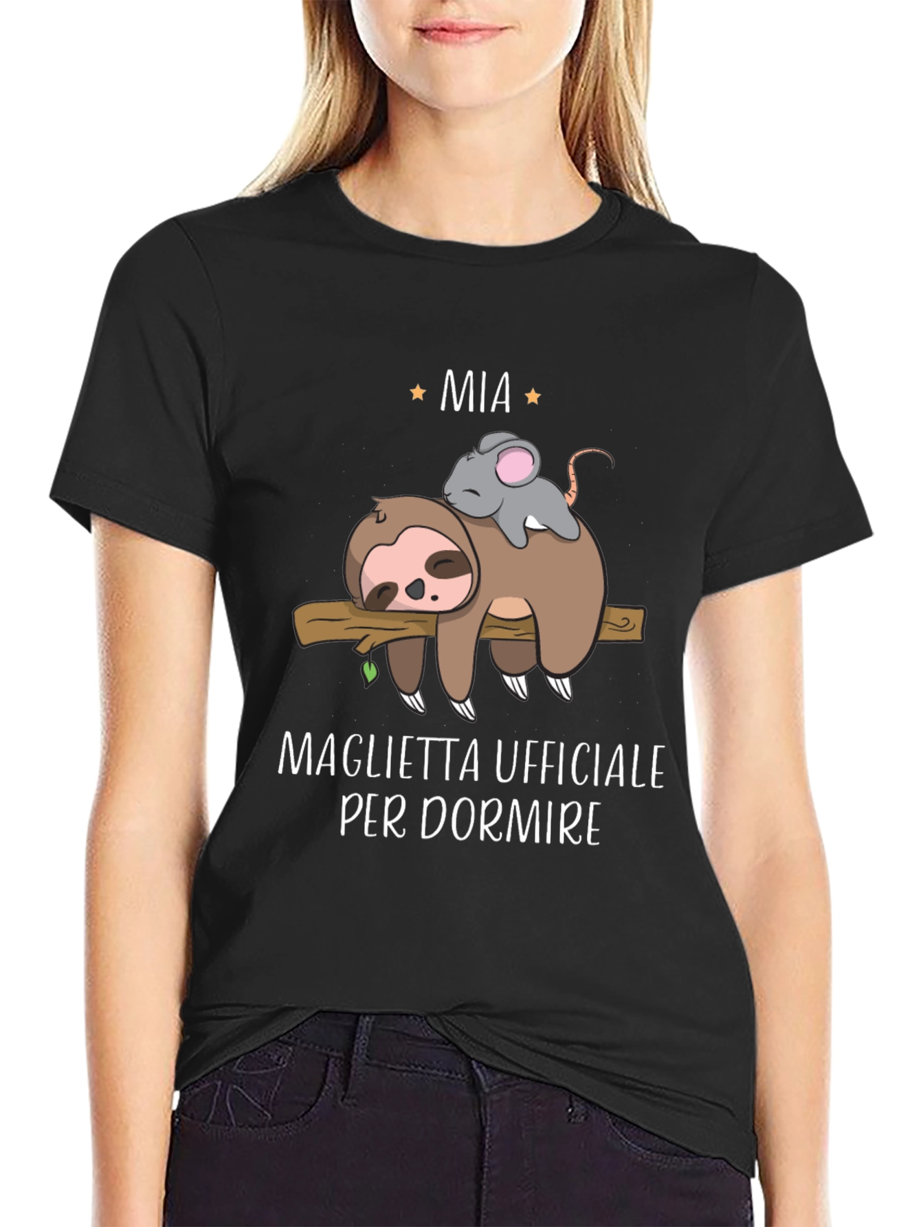 Black Funny Sloth & Mouse 'Mia' Sleep Shirt view 2