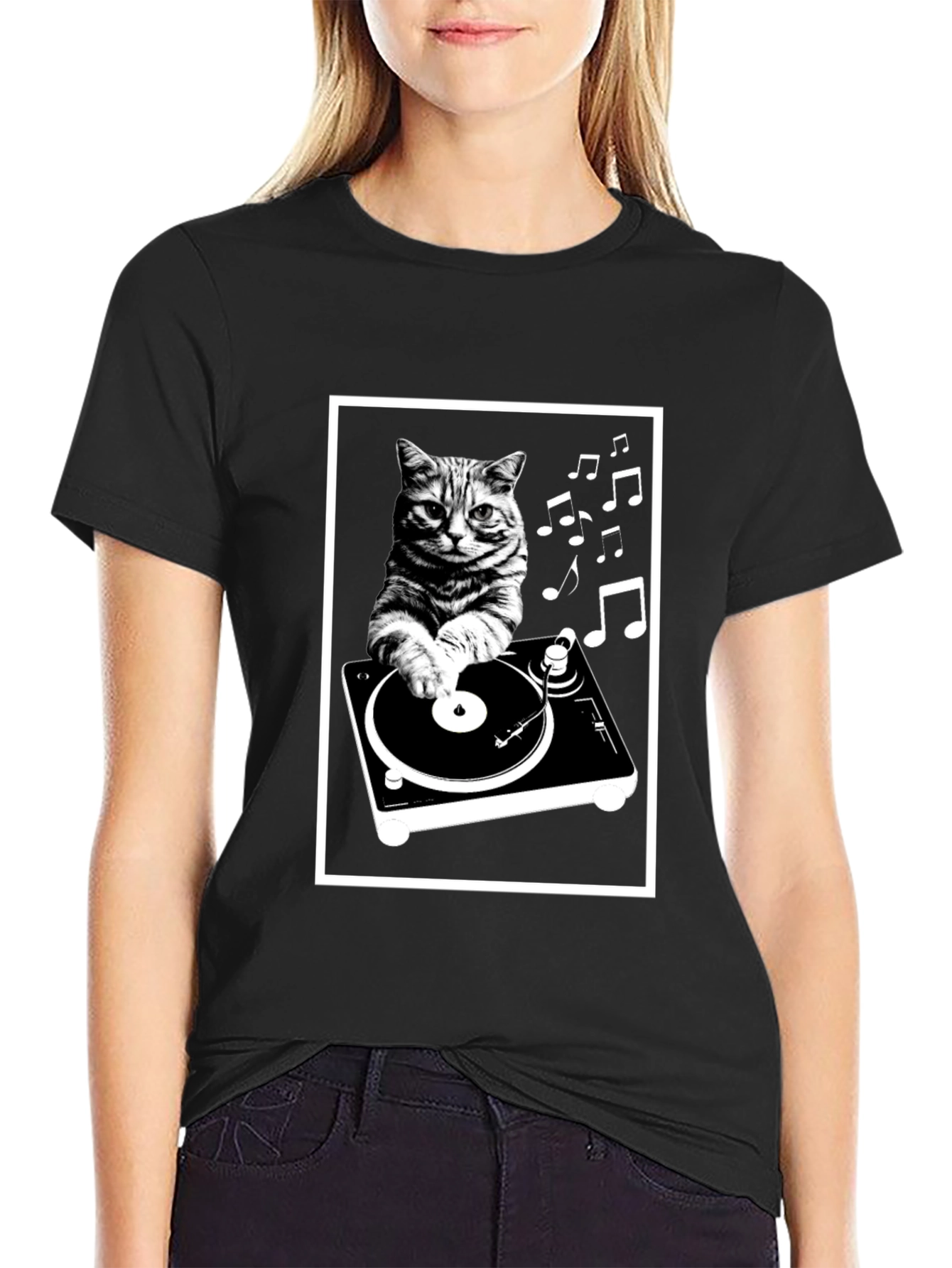 Black DJ Cat T-Shirt - Music Lover's Tee view 2