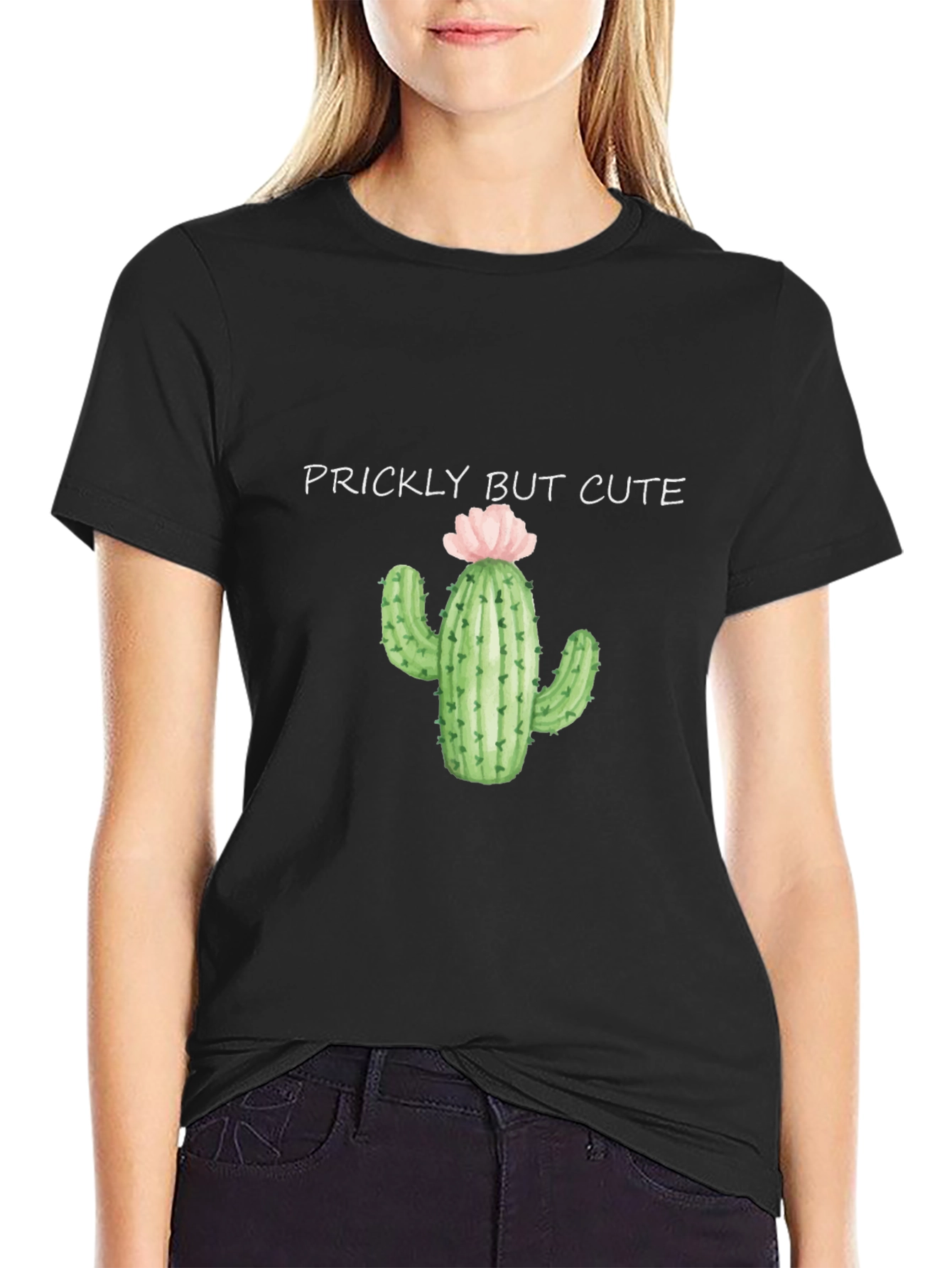 Black Prickly But Cute Cactus Graphic Black T-Shirt view 2