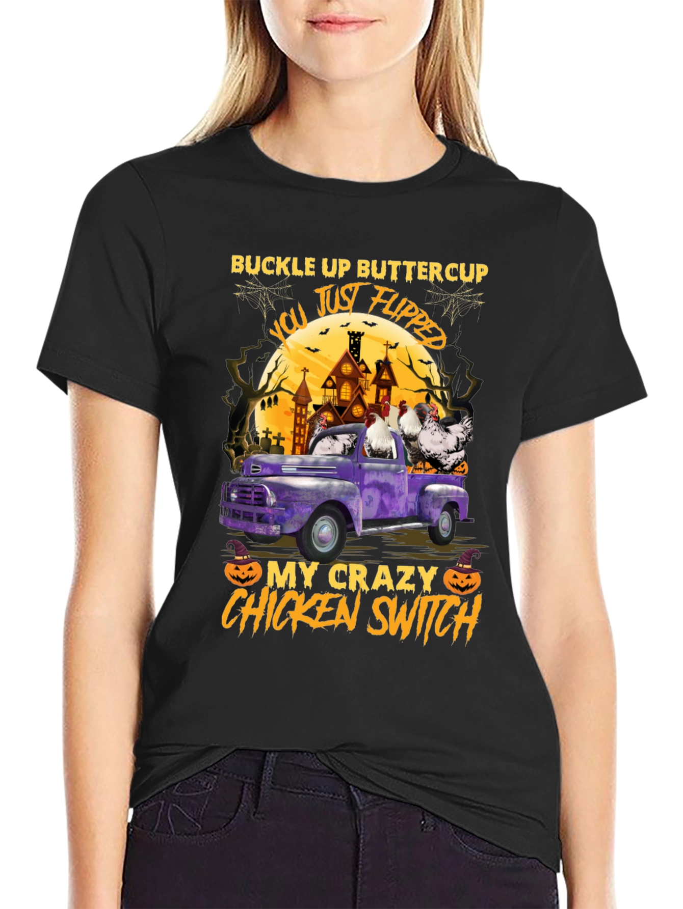 Black Crazy Chicken Switch Halloween T-Shirt view 2