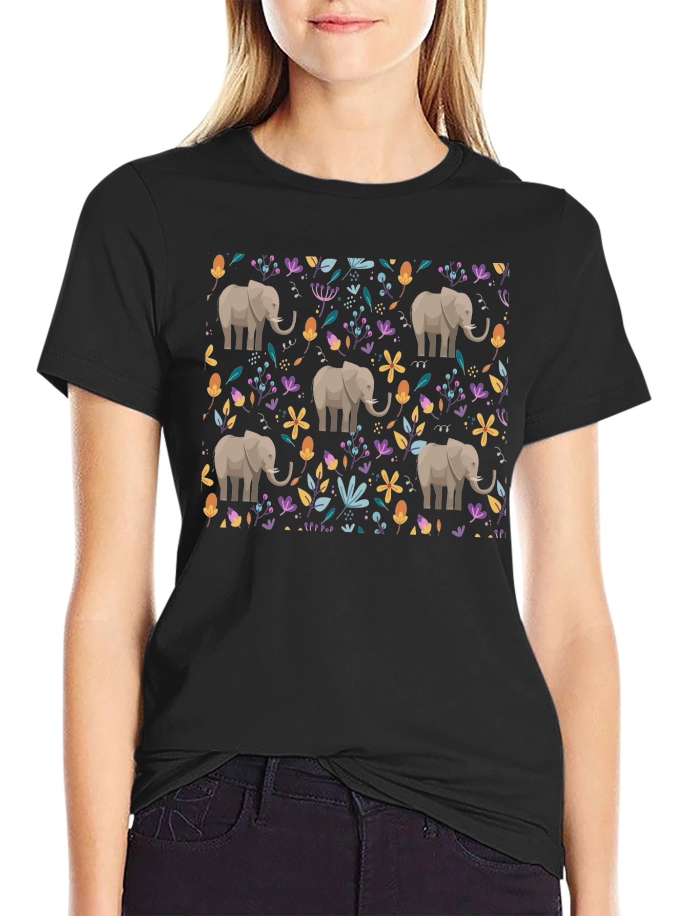 Black Elephant Floral Print Black T-Shirt view 2