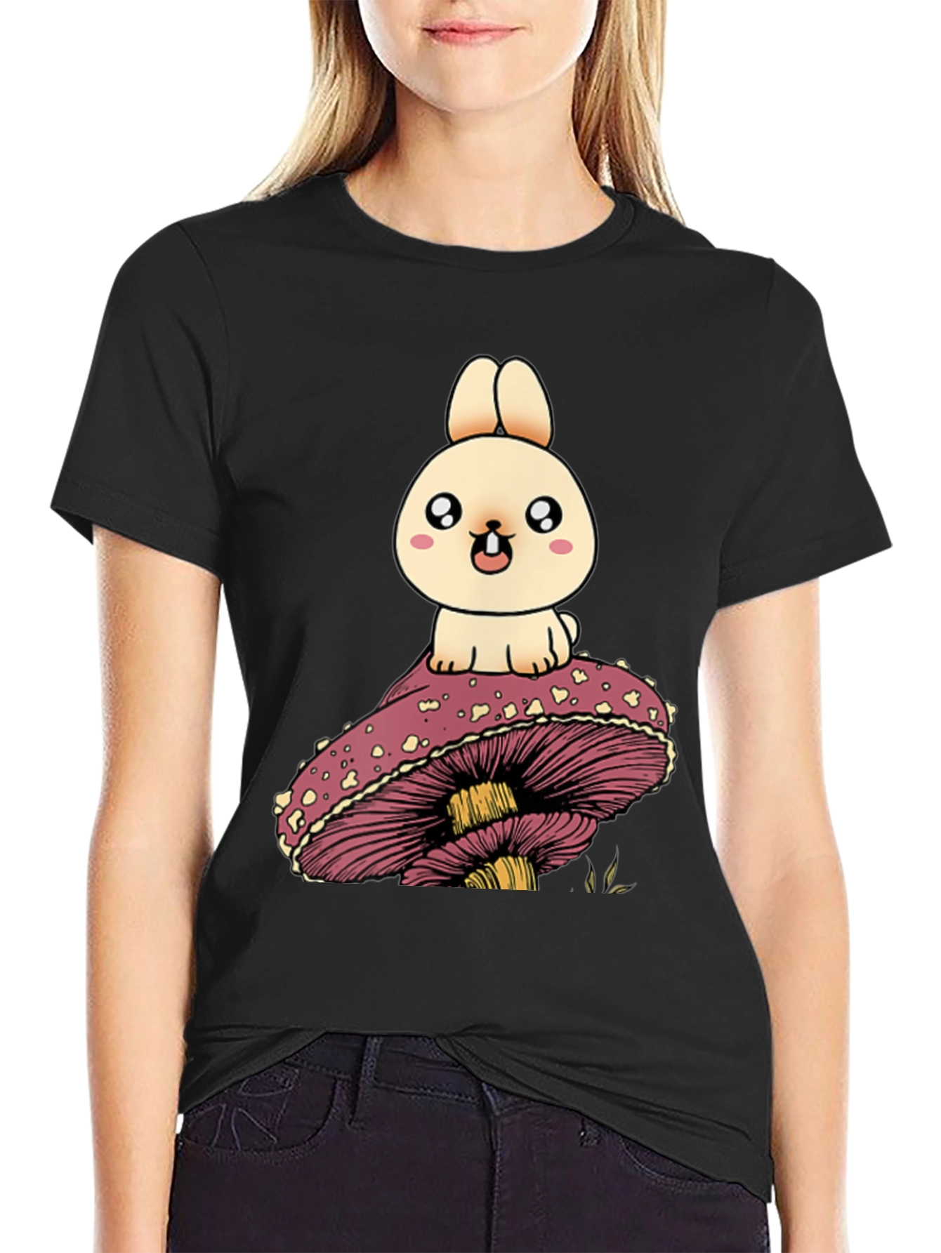 Black Cute Bunny on Mushroom Graphic T-Shirt view 2