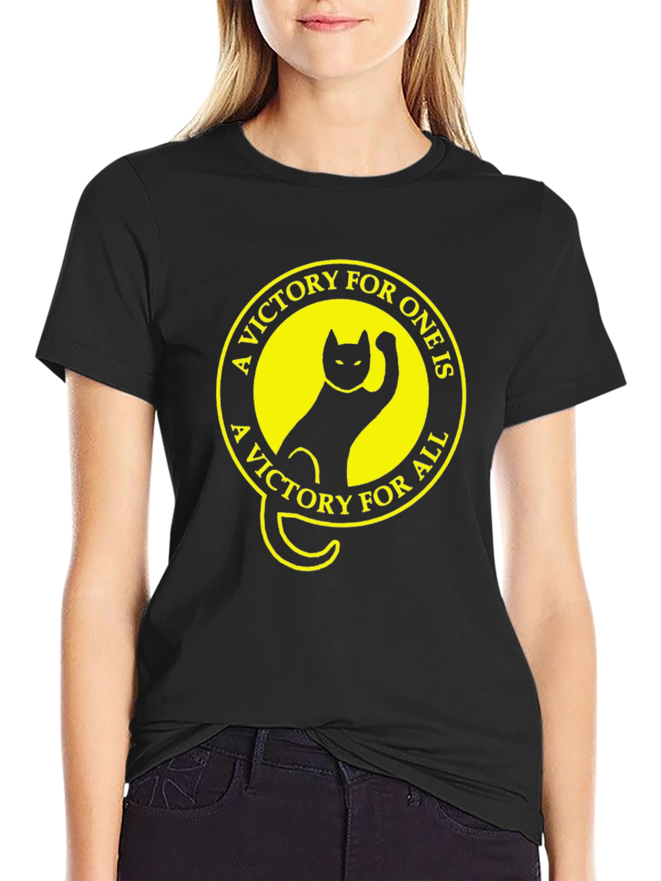 Black Victory Cat T-Shirt - Black Crew Neck Tee view 2