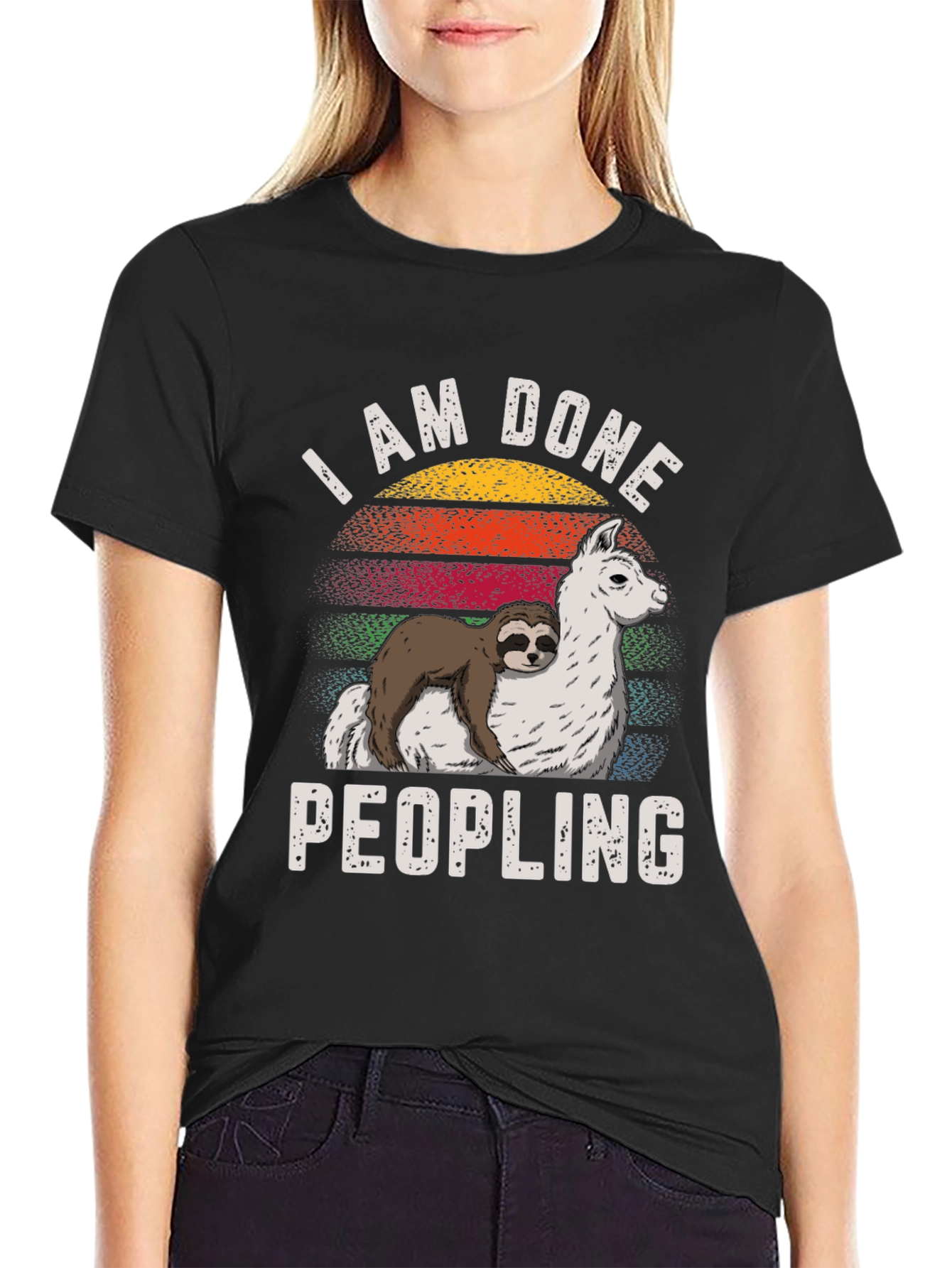 Black I AM DONE Peopling Sloth Llama T-shirt view 2