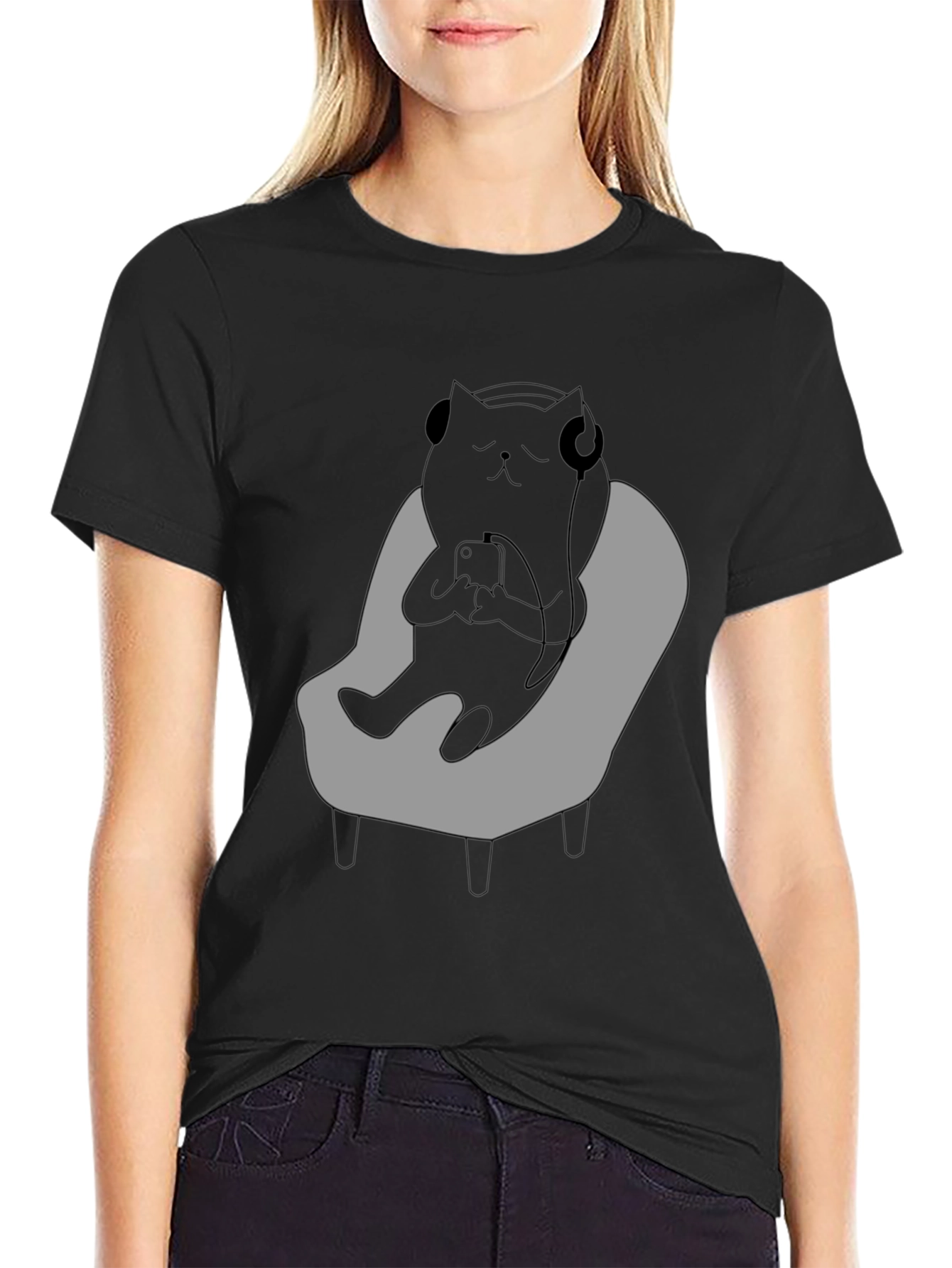 Black Chill Cat T-Shirt - Relaxed Black Cat with Headphones view 2
