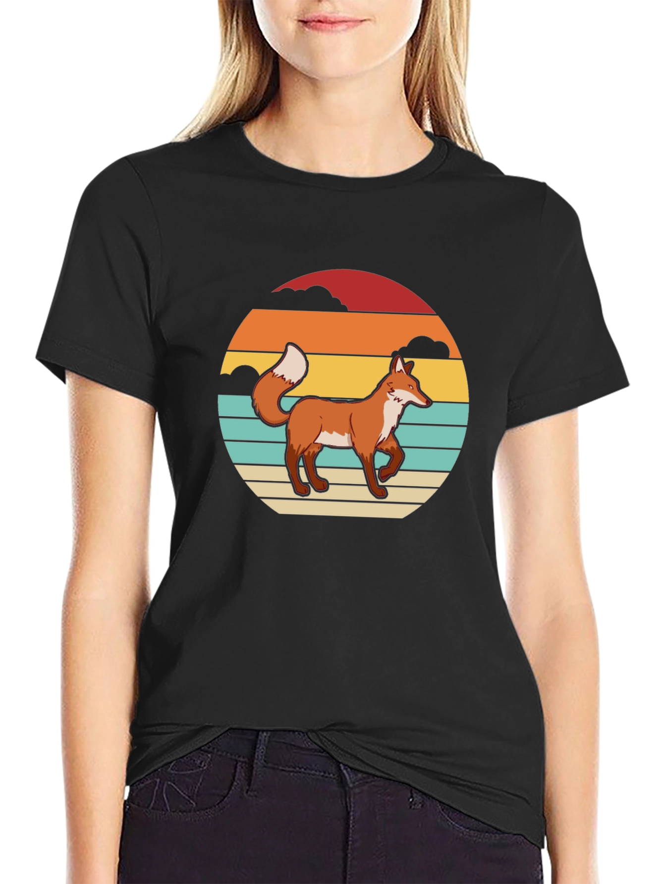 Black Retro Fox Graphic Tee - Sunset Design view 2