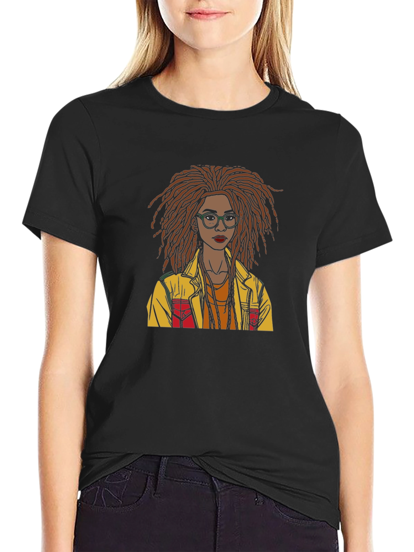 Black Stylish Graphic T-Shirt - Woman with Dreadlocks Art view 2