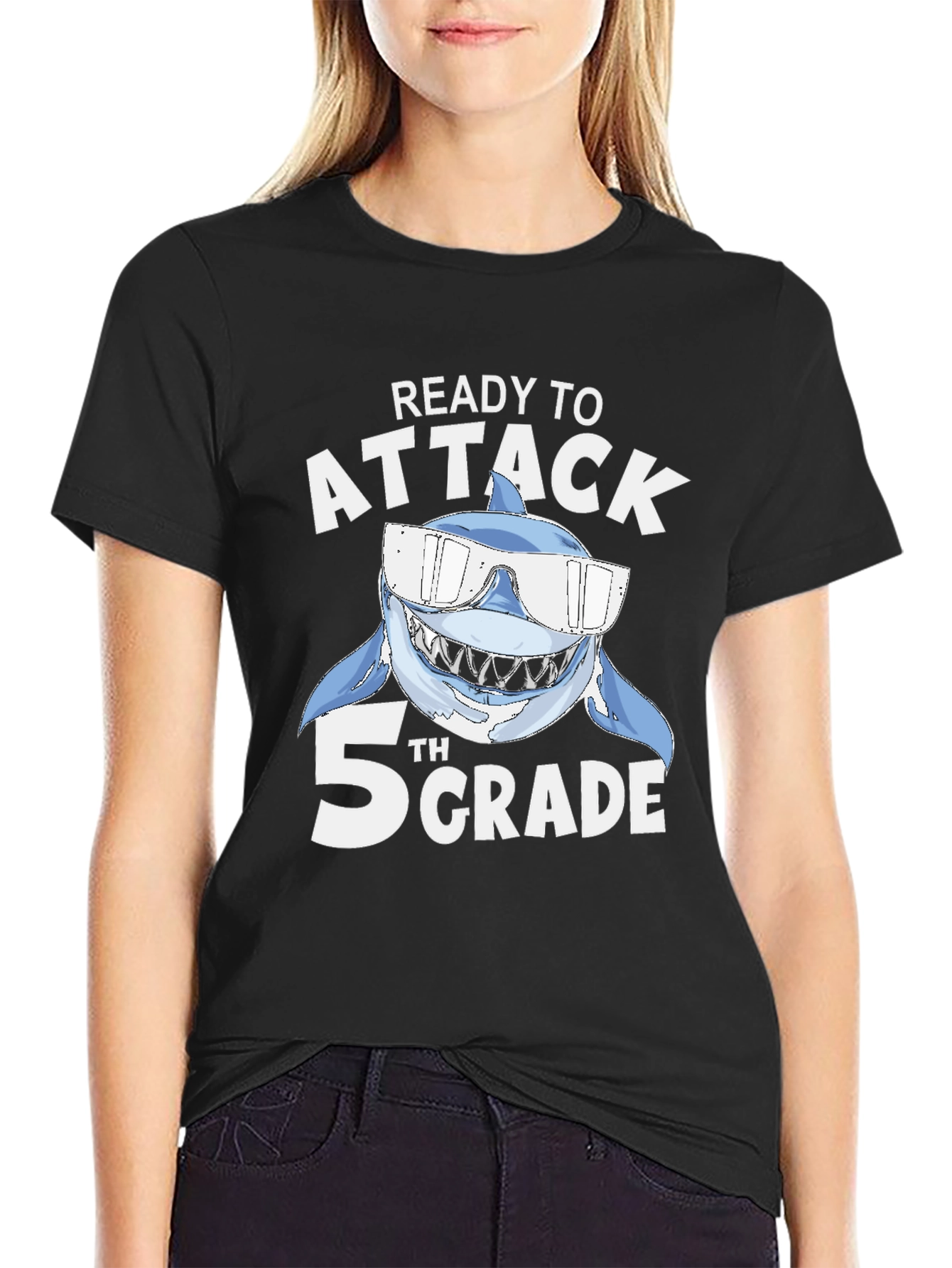 Black Ready to Attack 5th Grade Shark T-Shirt view 2