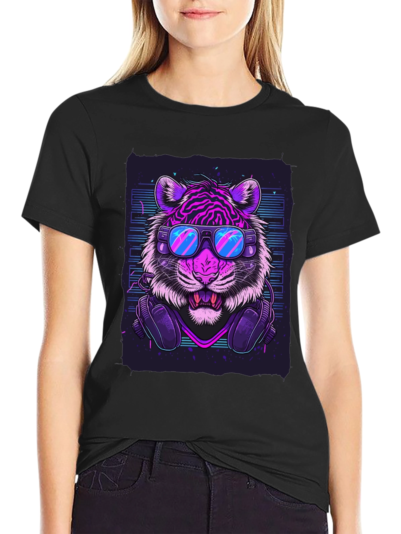 Black Neon Tiger Graphic Tee - Cool Animal Print T-Shirt view 2