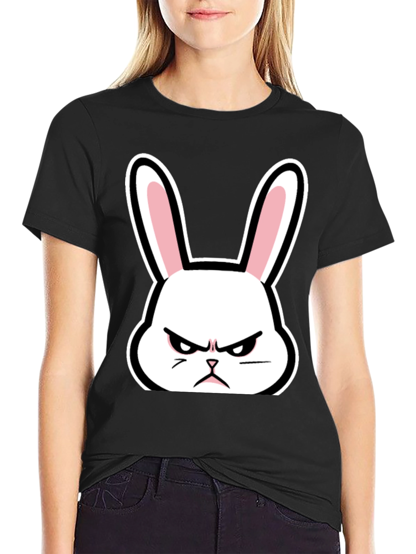 Black Grumpy Bunny T-Shirt - Black Cotton Angry Rabbit Tee view 2