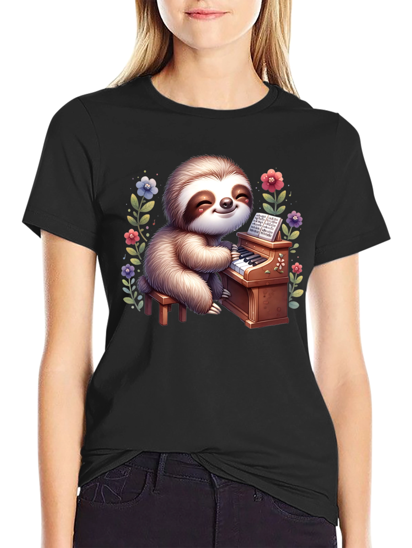 Black Sloth Pianist Graphic Tee - Cute & Unique! view 2