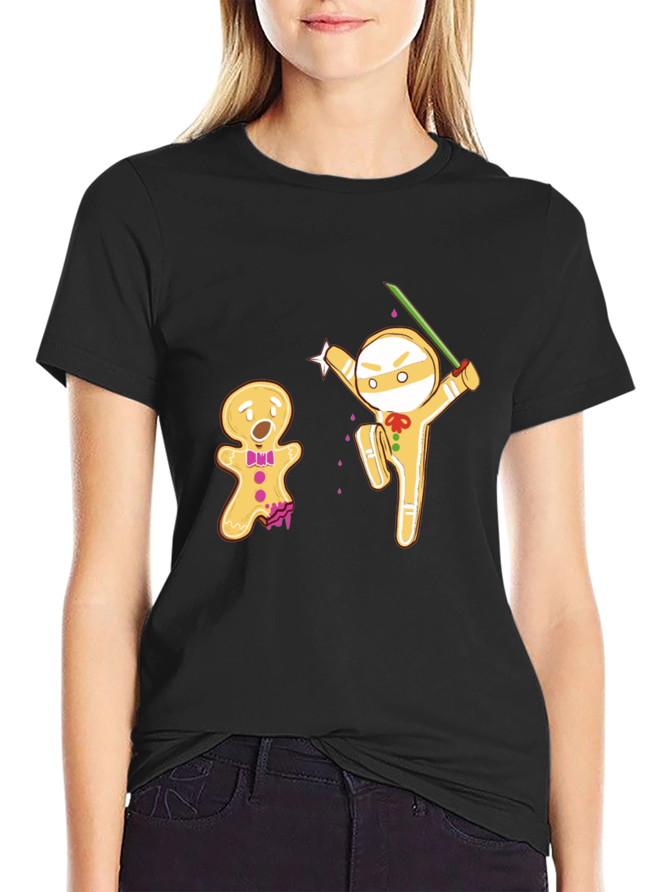 Black Gingerbread Ninja Funny Black T-Shirt view 2