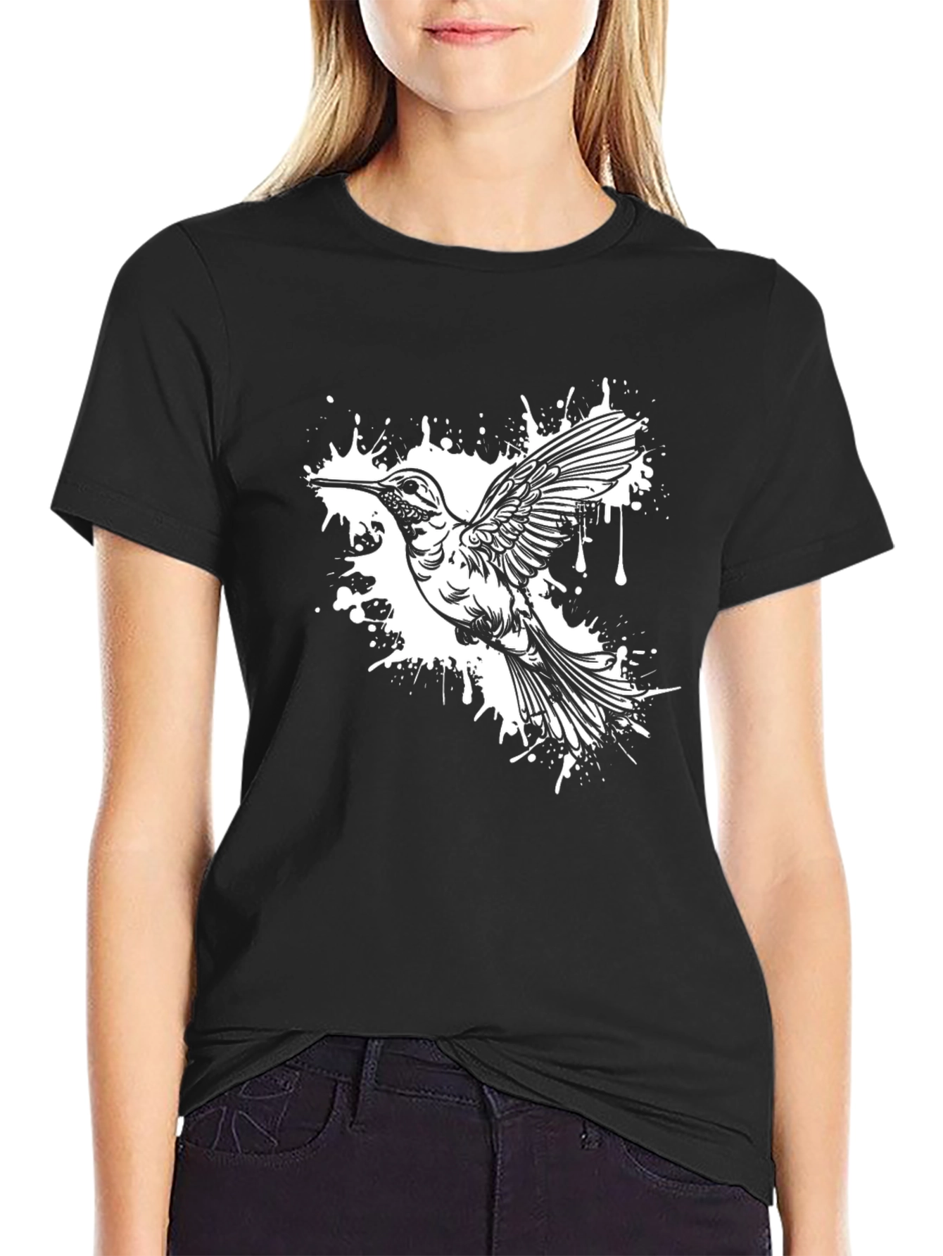 Black Hummingbird Splash Graphic Tee - Black Cotton Blend view 2