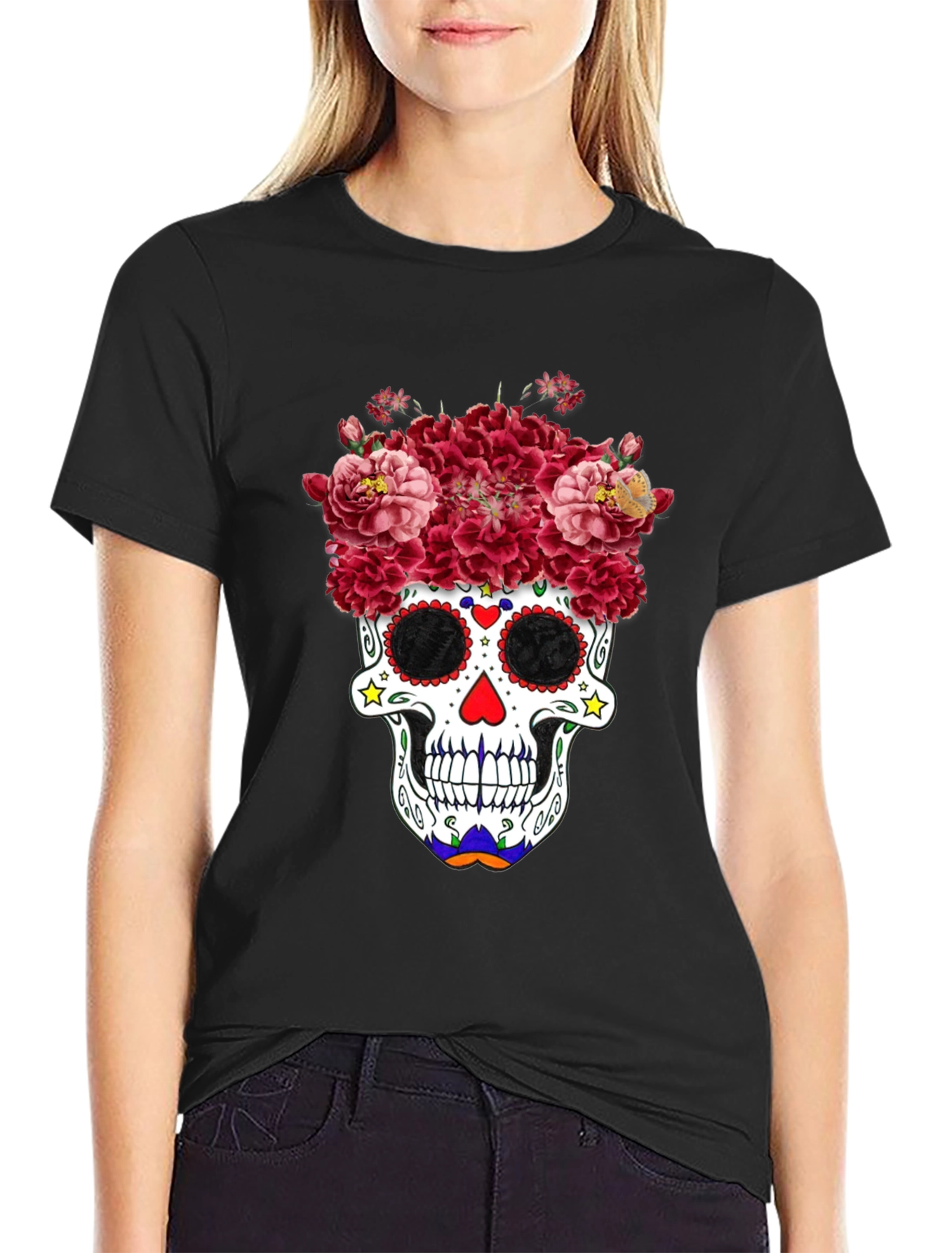 Black Floral Sugar Skull Graphic Tee - Day of the Dead view 2
