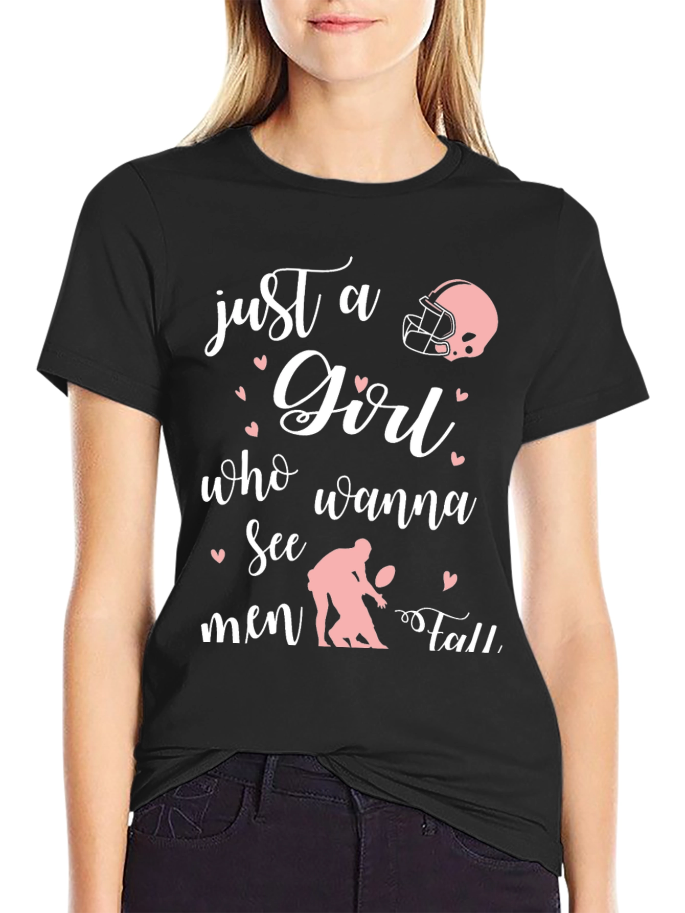 Black Just A Girl Who Wanna See Men Fall Football T-Shirt view 2