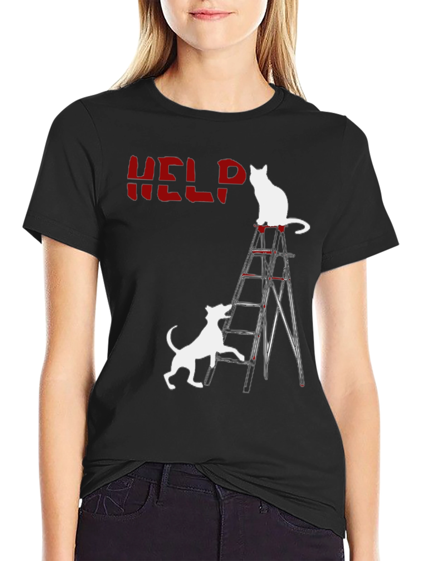 Black Funny Cat & Dog HELP T-Shirt  view 2