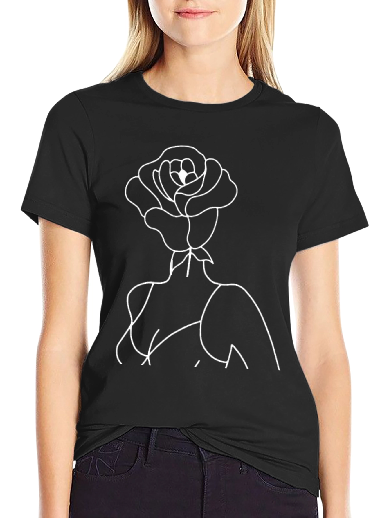 Black Rose Head T-Shirt - Minimalist Line Art Graphic Tee view 2