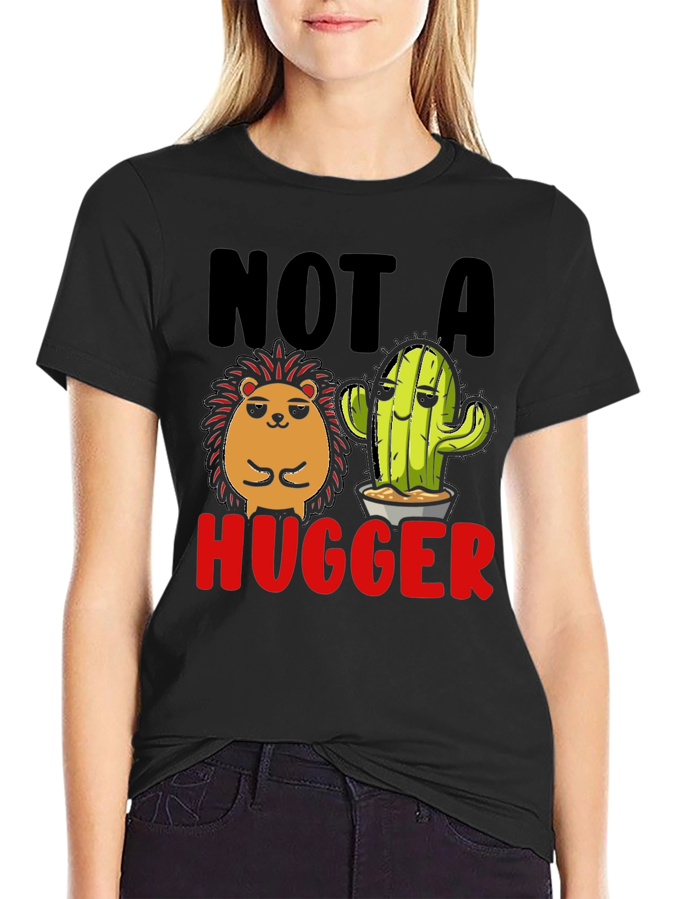 Black Not a Hugger T-Shirt Funny Cactus Hedgehog view 2