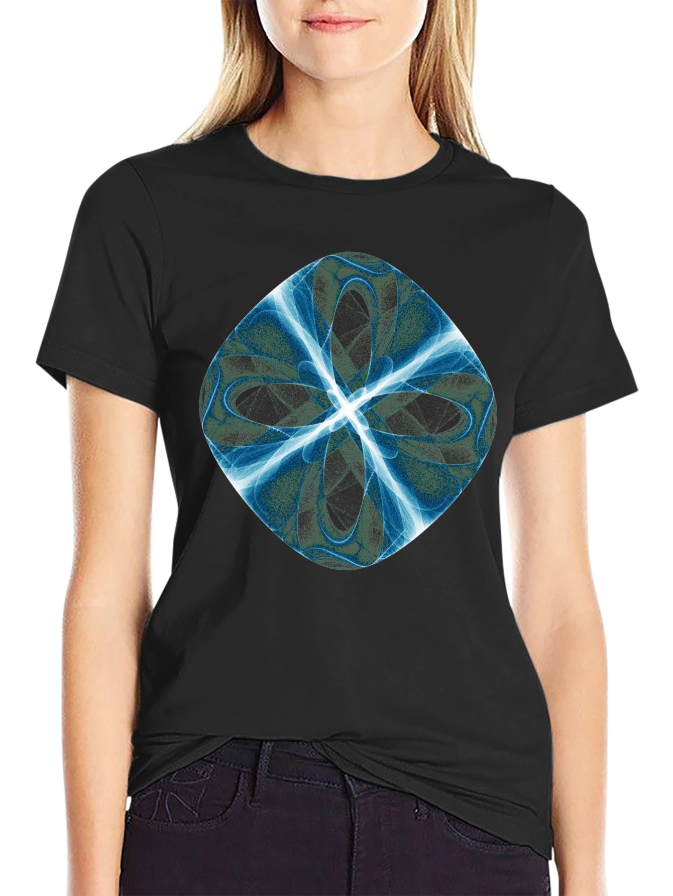 Black Abstract Blue Petal Graphic Black T-Shirt view 2