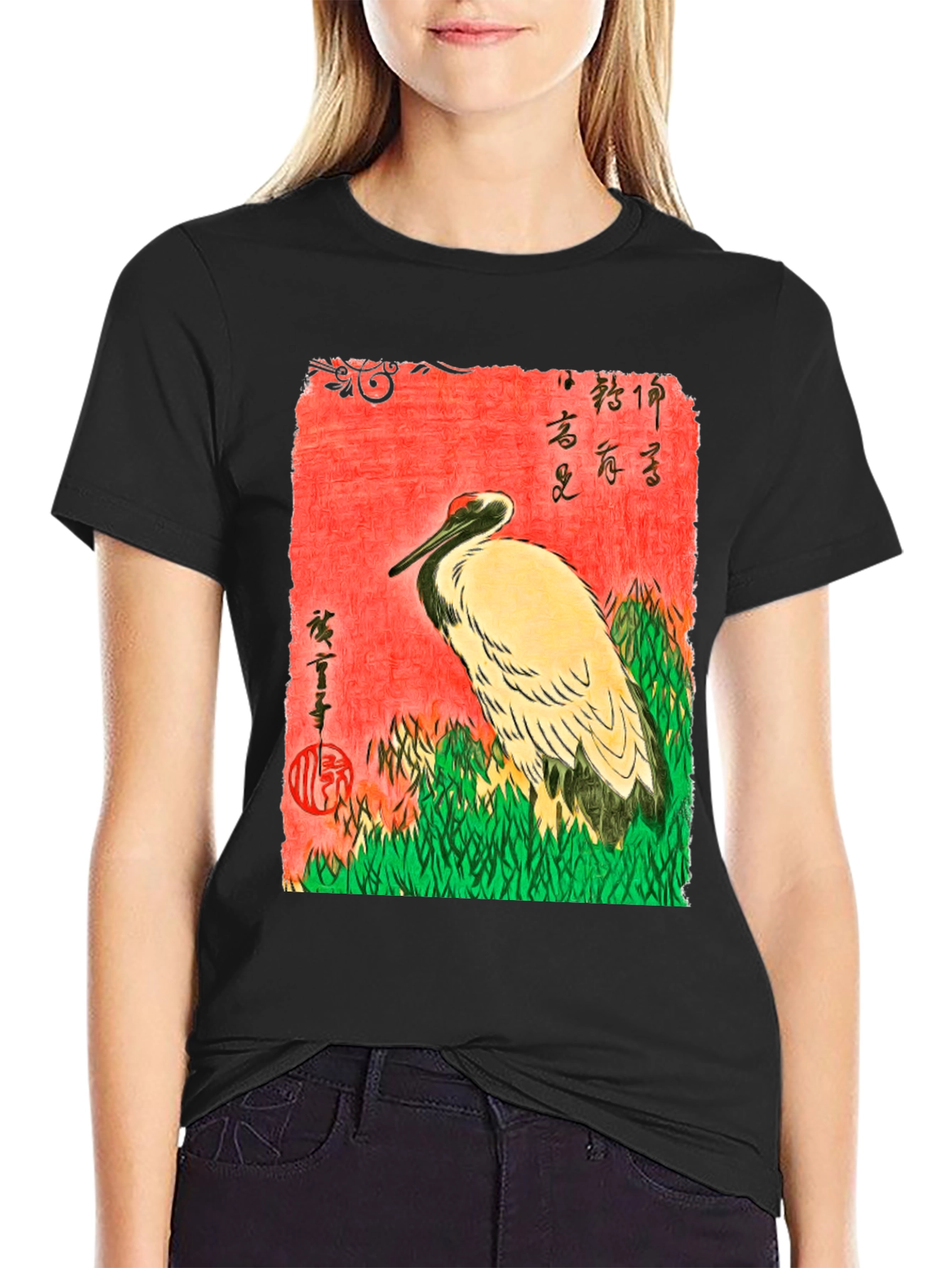 Black Japanese Crane Ukiyo-e T-Shirt view 2