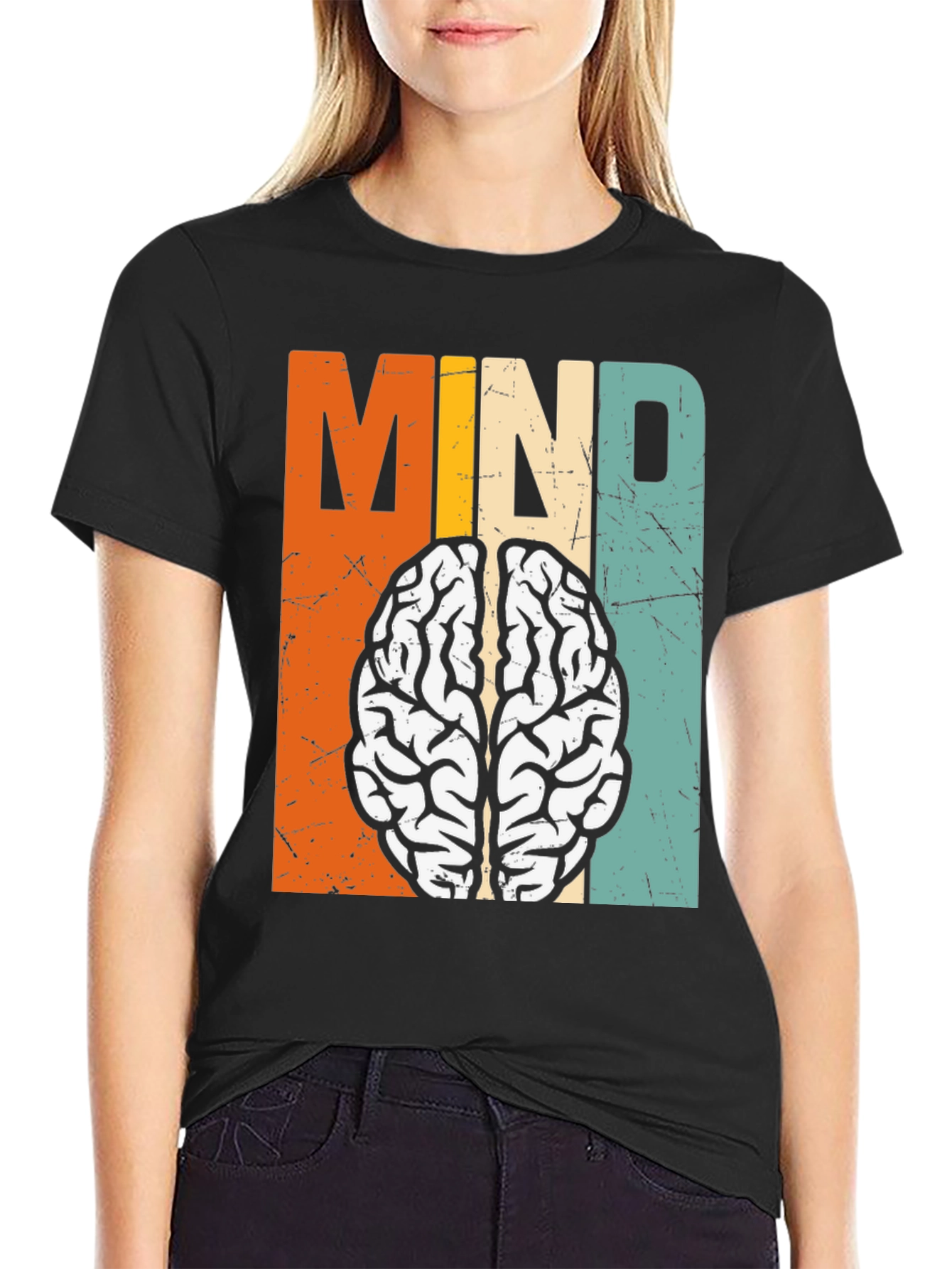 Black Retro Mind Brain Graphic T-Shirt view 2