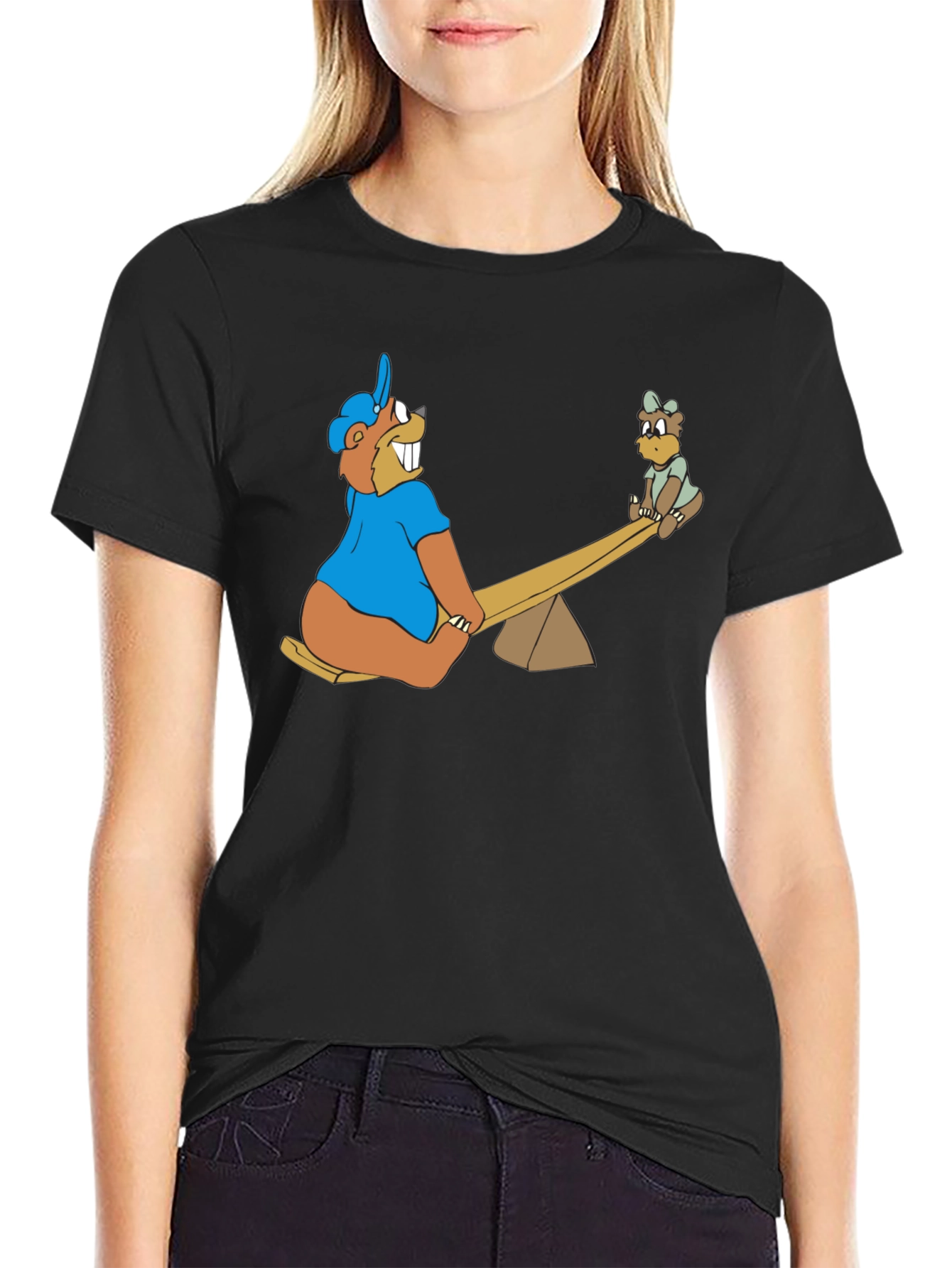 Black Cartoon Beaver See-Saw Black T-Shirt view 2