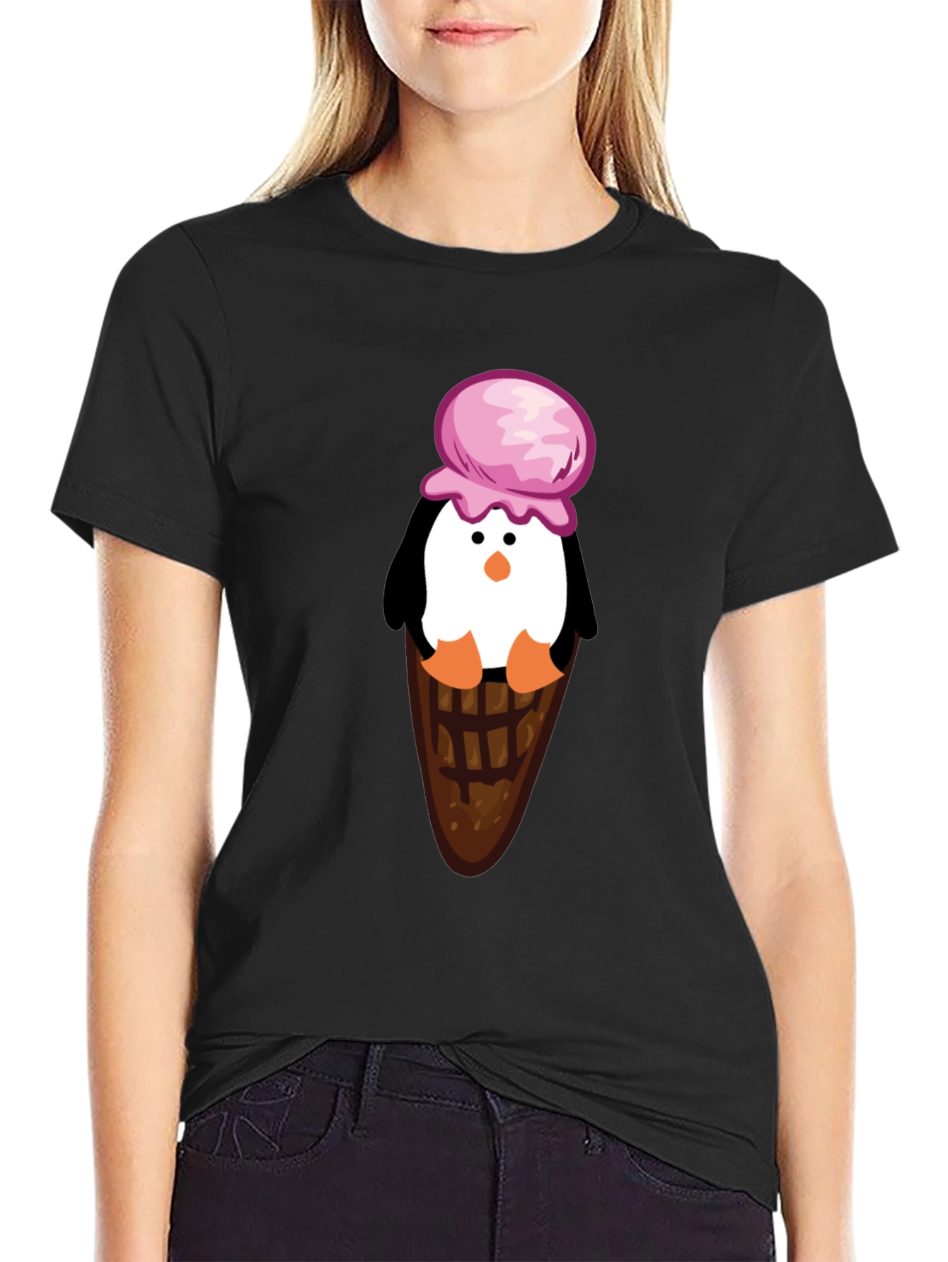 Black Penguin Ice Cream Cone Graphic T-Shirt view 2