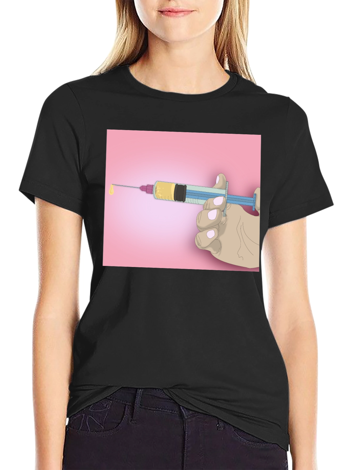 Black Unique Graphic Tee: Syringe Design - Bold Statement Piece view 2