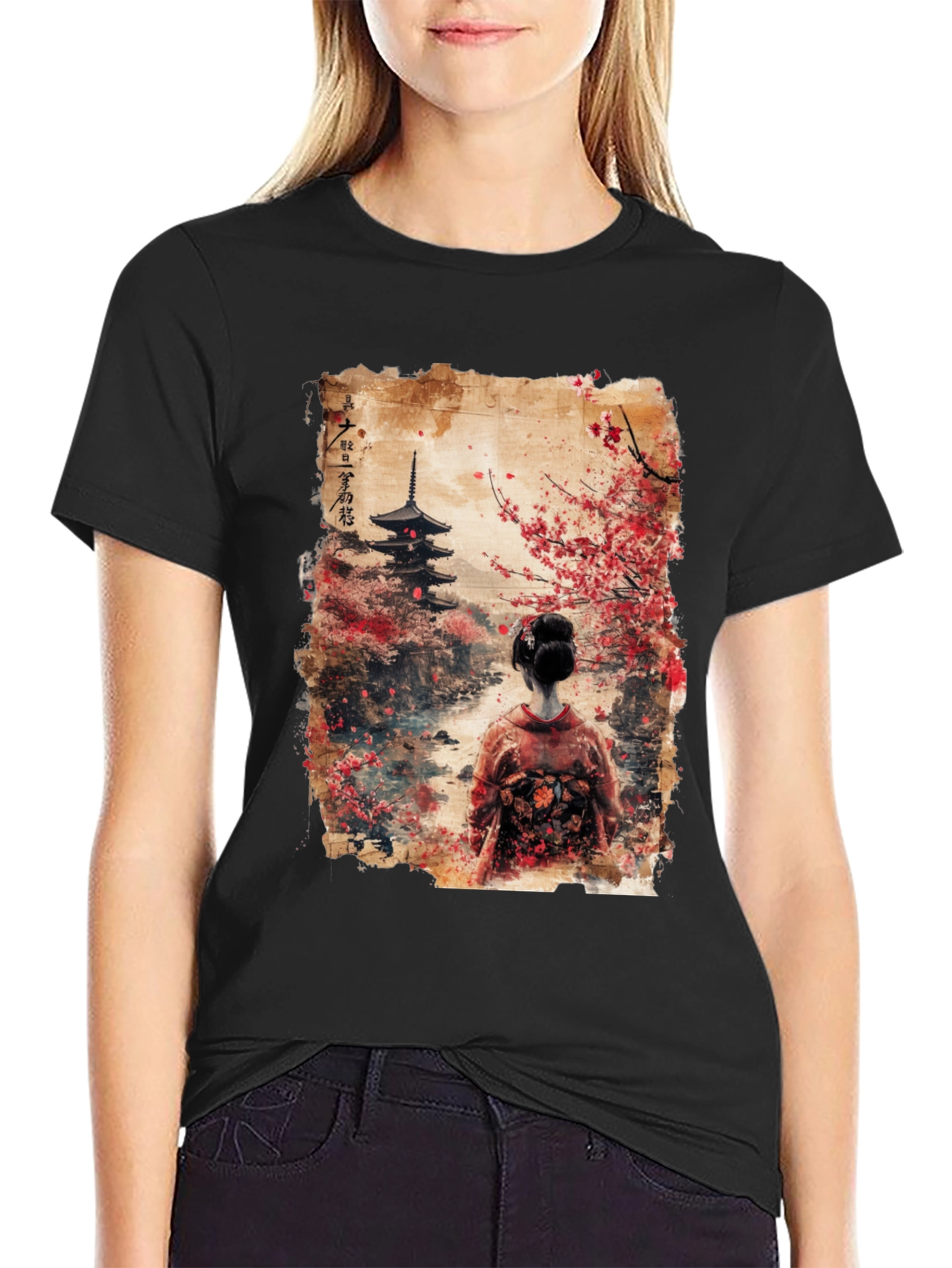 Black Japanese Pagoda & Geisha Graphic Tee - Black view 2