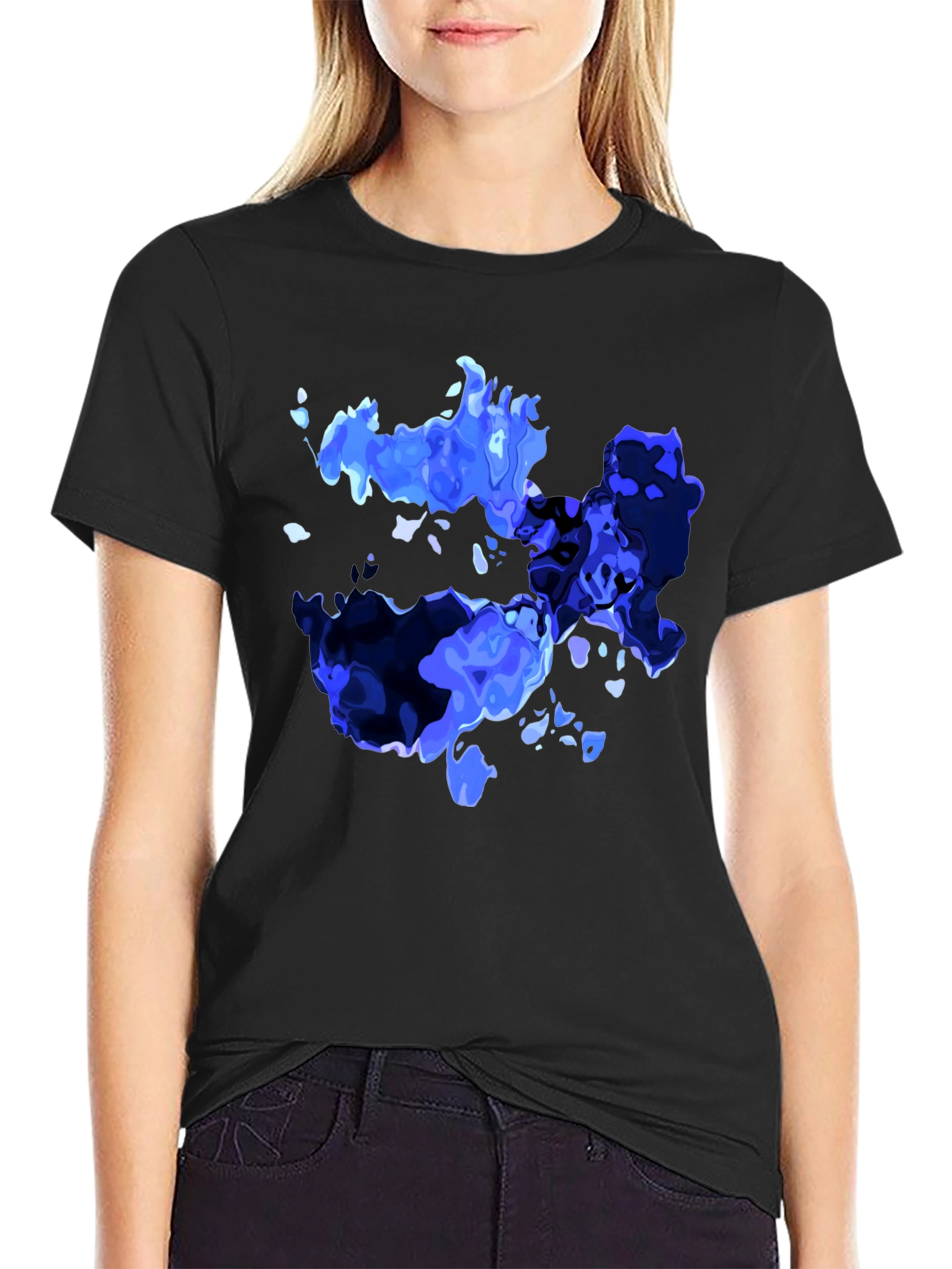 Black Abstract Blue Graphic Print Black T-Shirt view 2