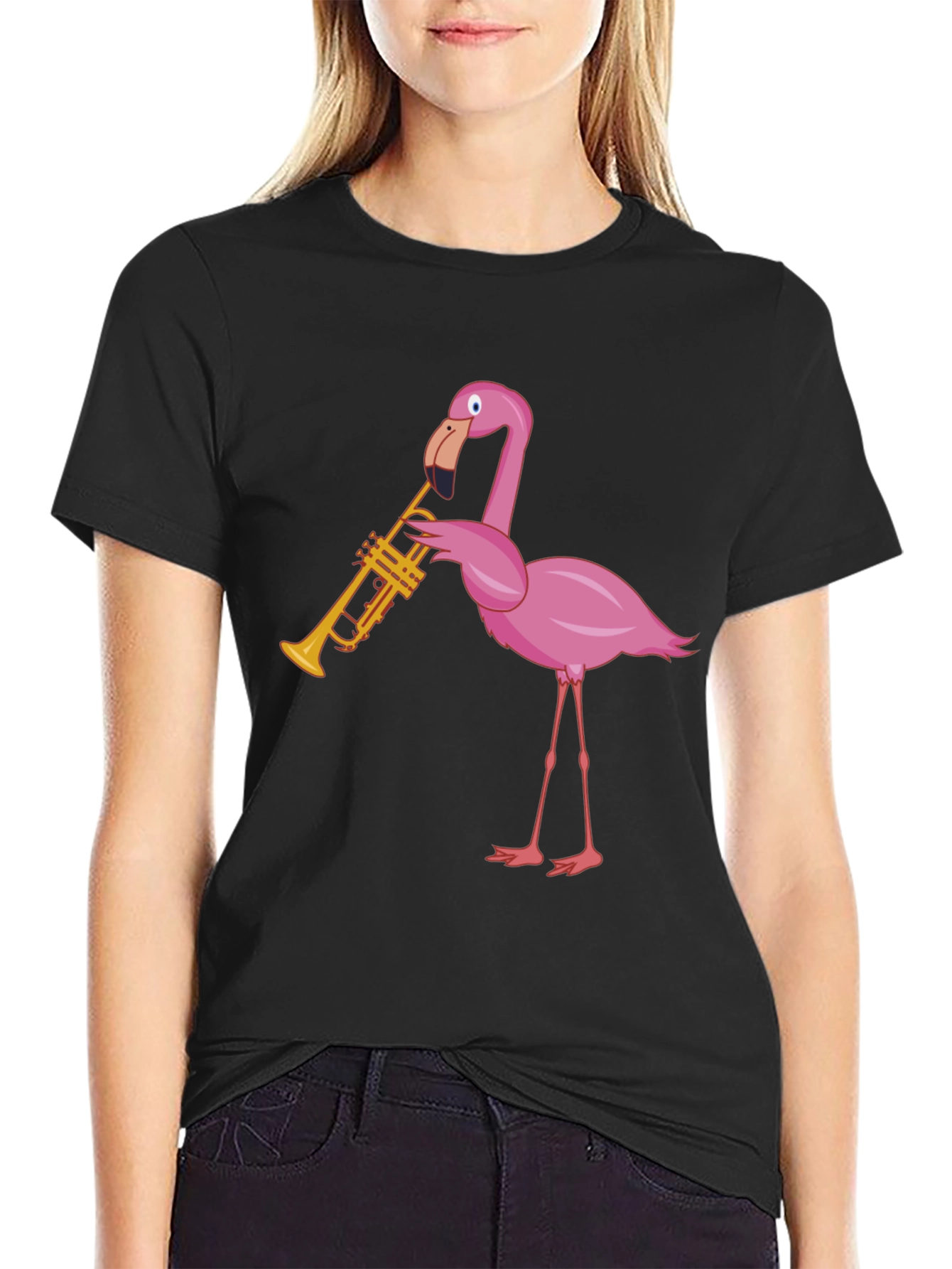 Black Funky Flamingo Trumpet Graphic T-Shirt view 2