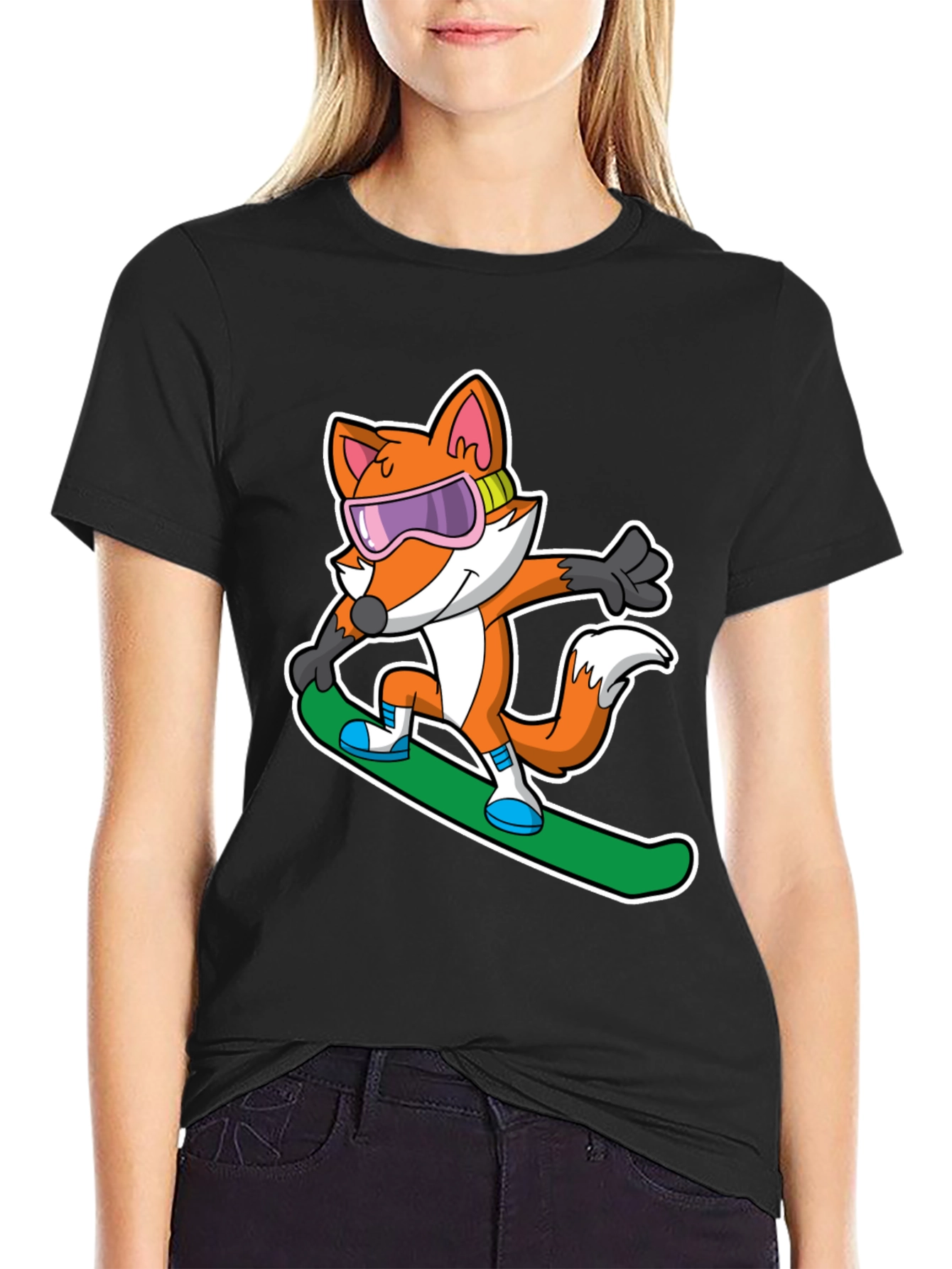 Black Fox Snowboarder T-Shirt - Cool Cartoon Animal Tee view 2