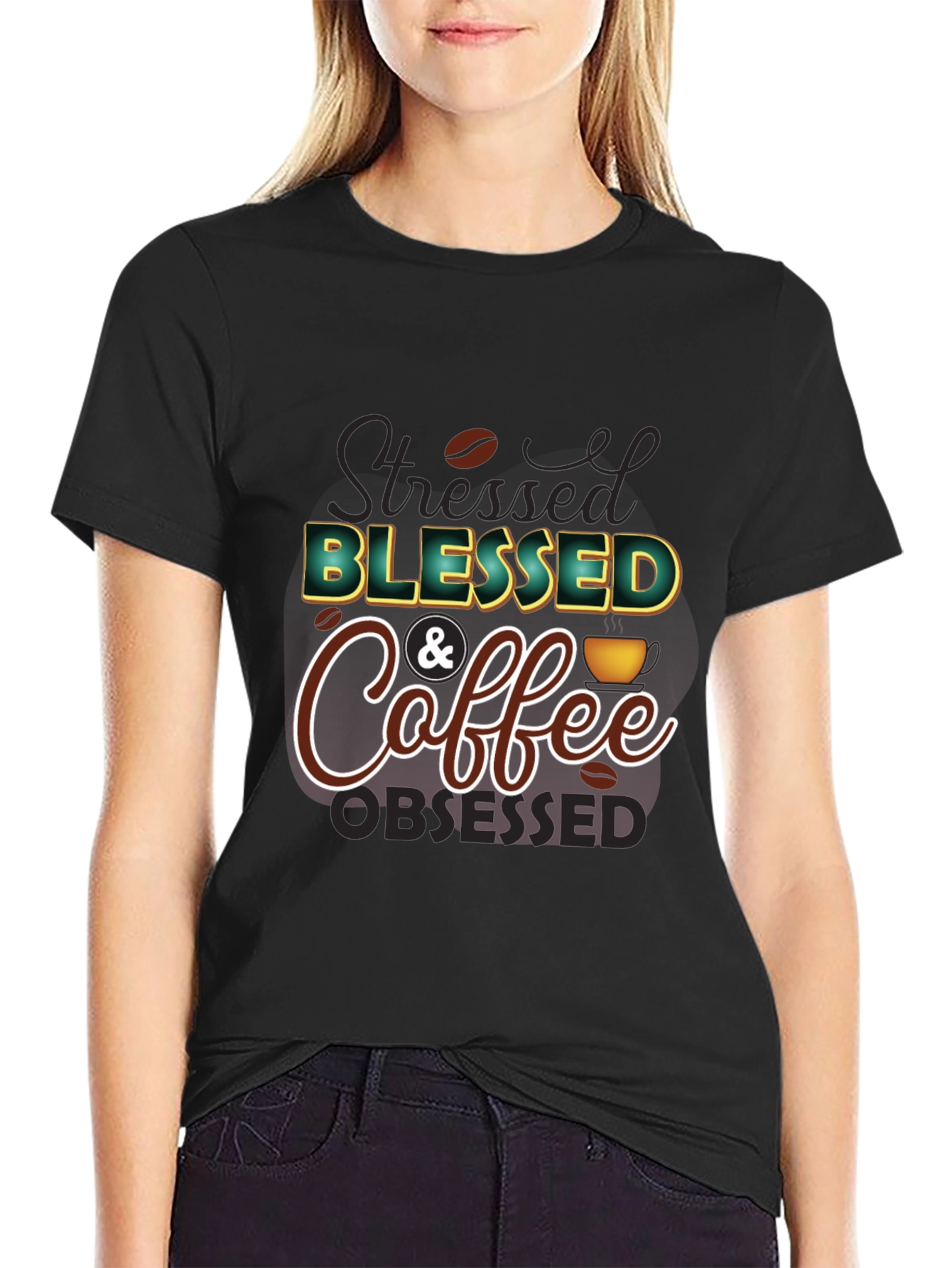 Black Blessed & Coffee Obsessed T-Shirt view 2