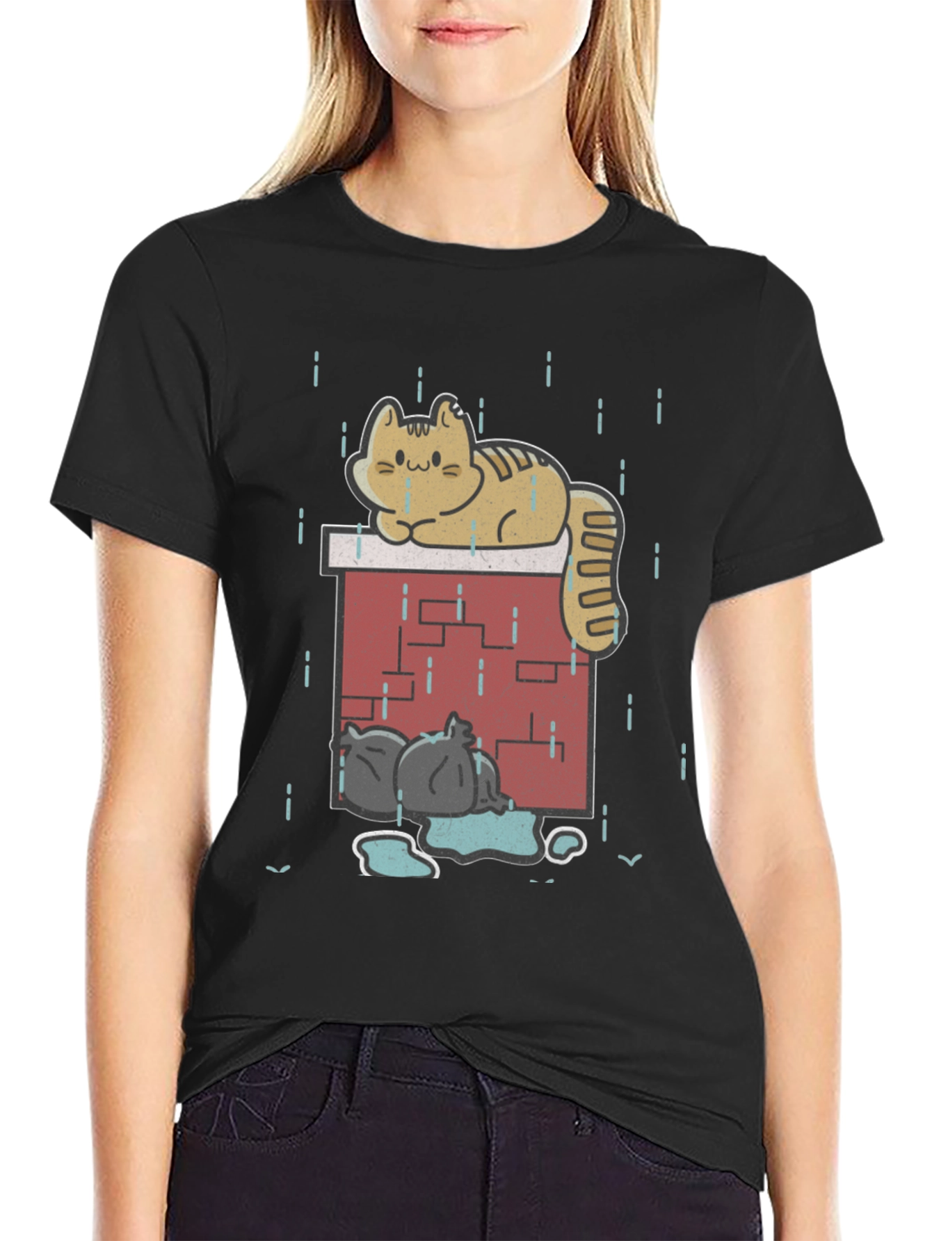 Black Cute Cat In Rain Graphic T-Shirt view 2